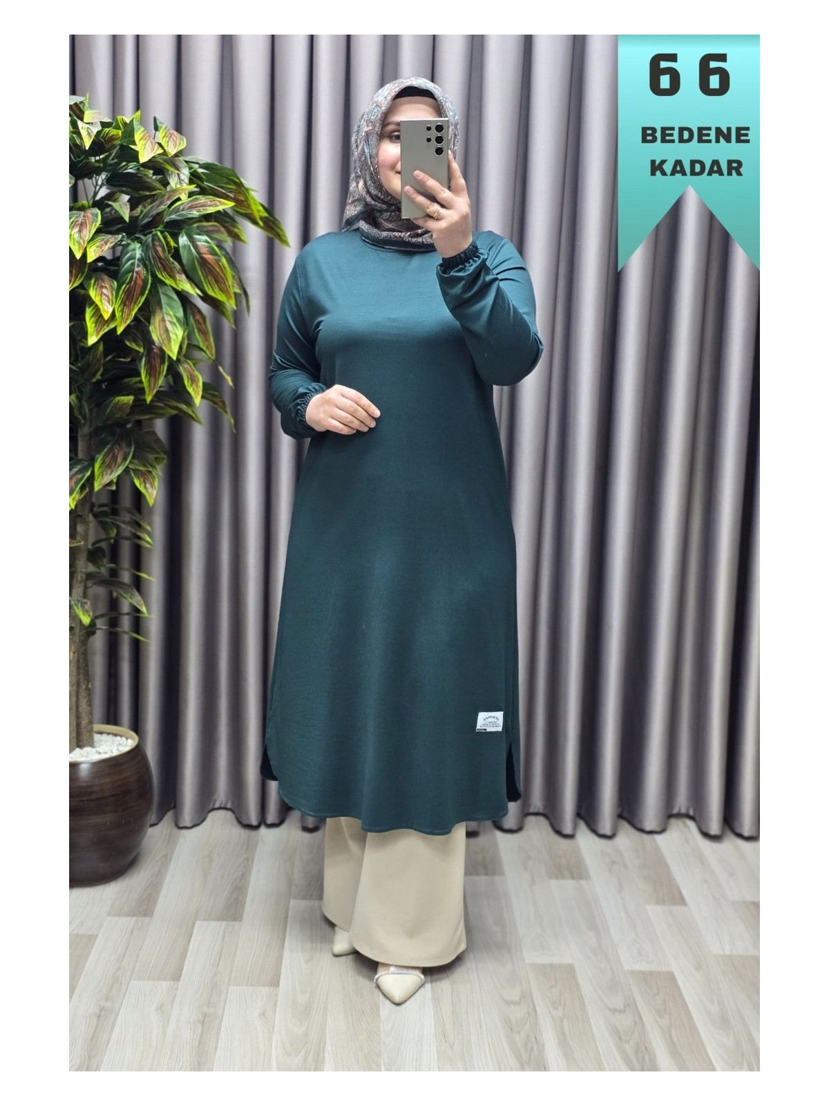 Elmas Tesettür Kadın Giyim Büyük Beden Yırtmaçlı Kolu Lastikli Spor Tek Renk Tunik - Görsel 7