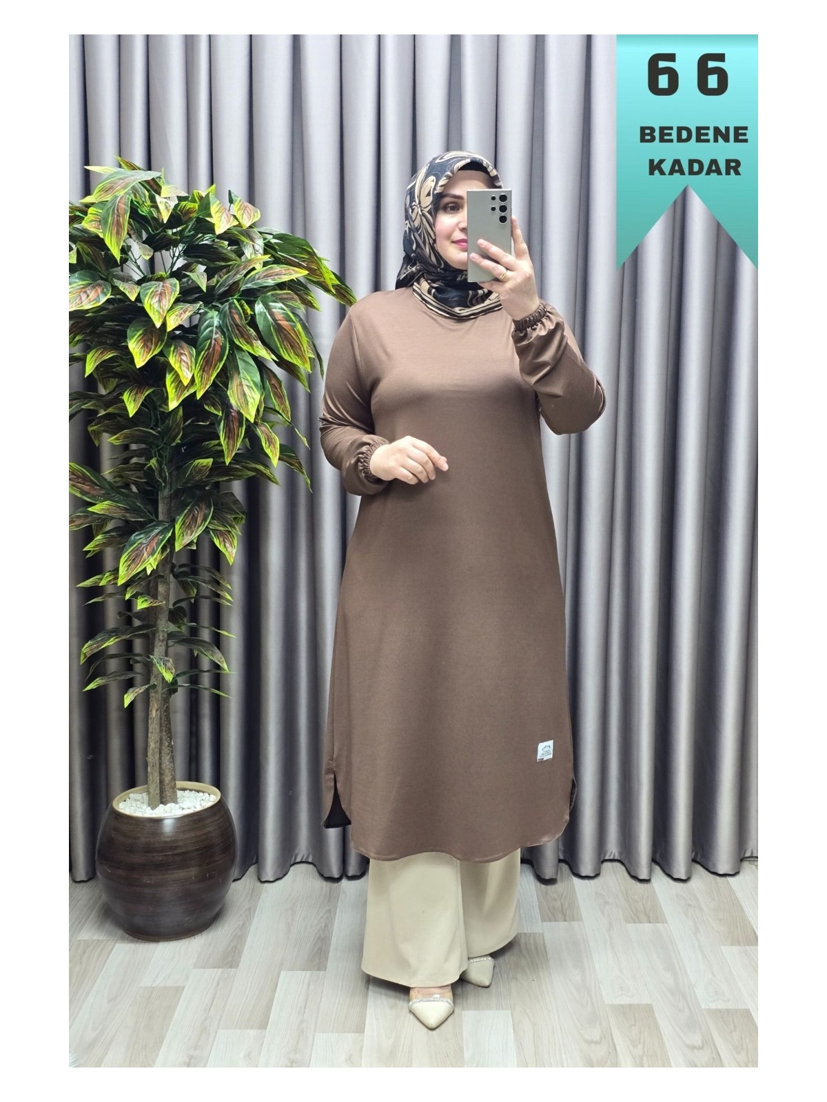 Elmas Tesettür Kadın Giyim Büyük Beden Yırtmaçlı Kolu Lastikli Spor Tek Renk Tunik - Görsel 8