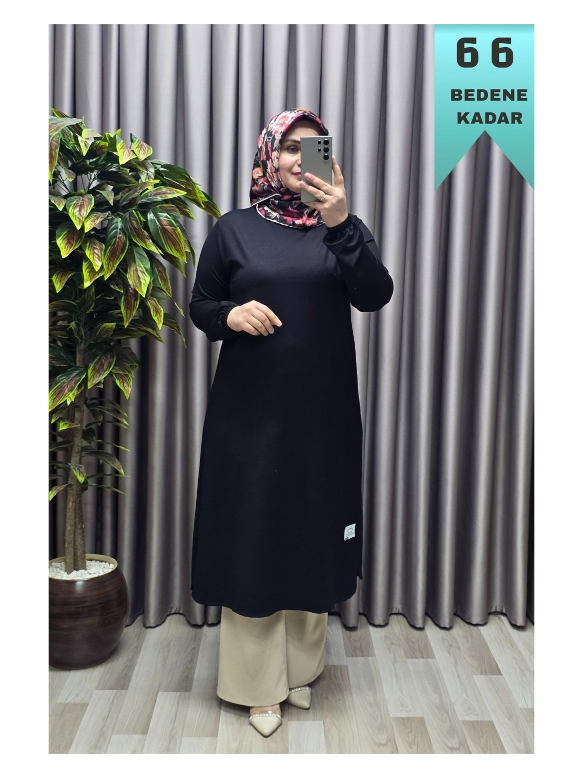 Elmas Tesettür Kadın Giyim Büyük Beden Yırtmaçlı Kolu Lastikli Spor Tek Renk Tunik