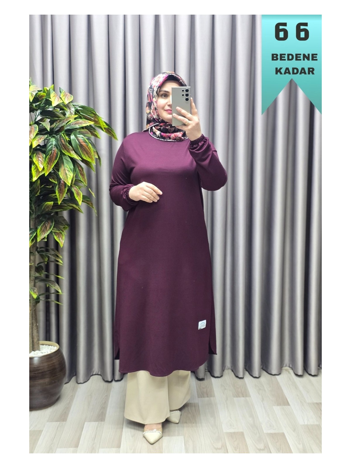 Elmas Tesettür Kadın Giyim Büyük Beden Yırtmaçlı Kolu Lastikli Spor Tek Renk Tunik - Görsel 5