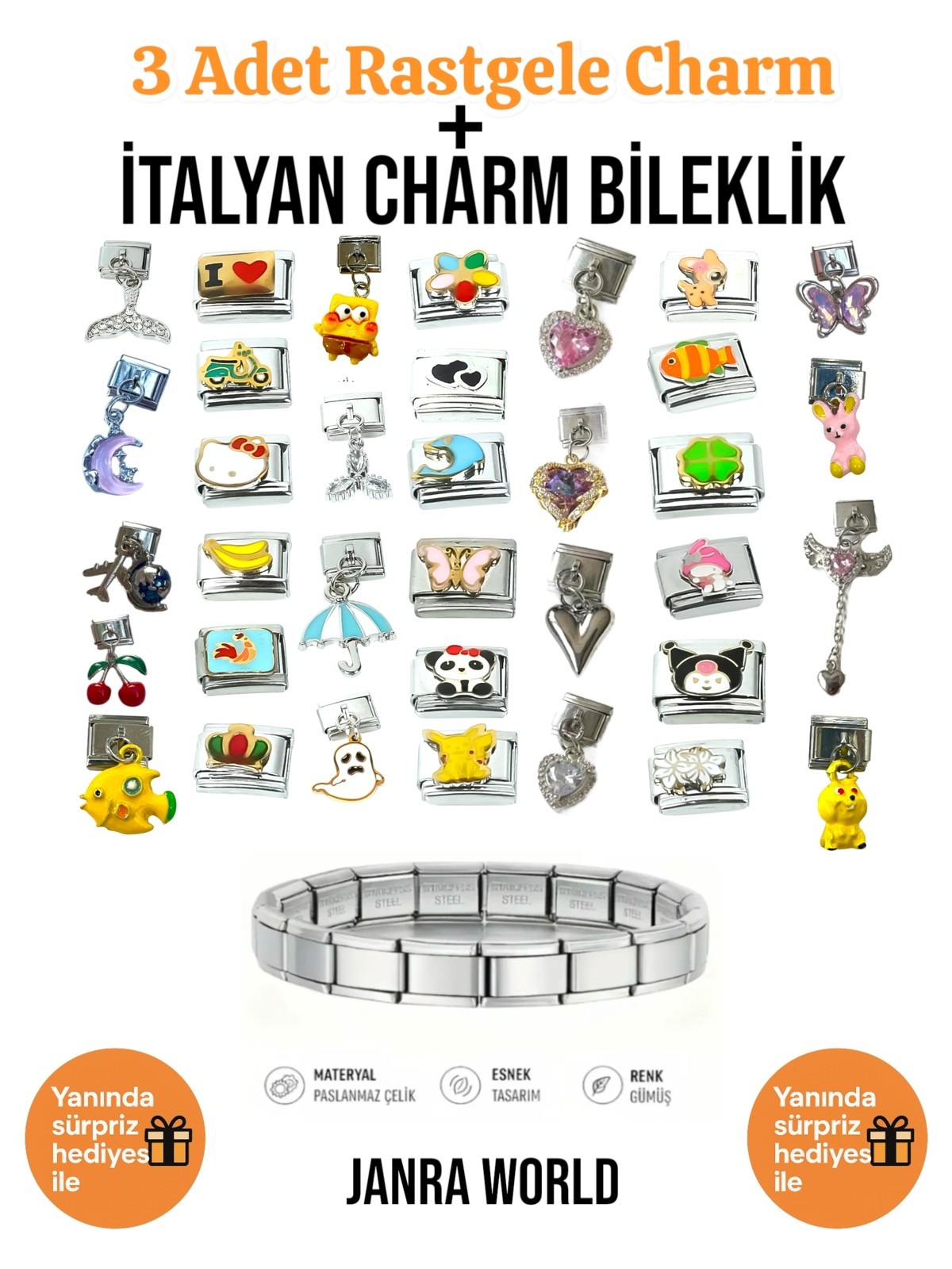 Janra World 3 Adet Rastgele Charm + Italyan Charm Bileklik Seti | Sürpriz Hediye Ile Birlikte