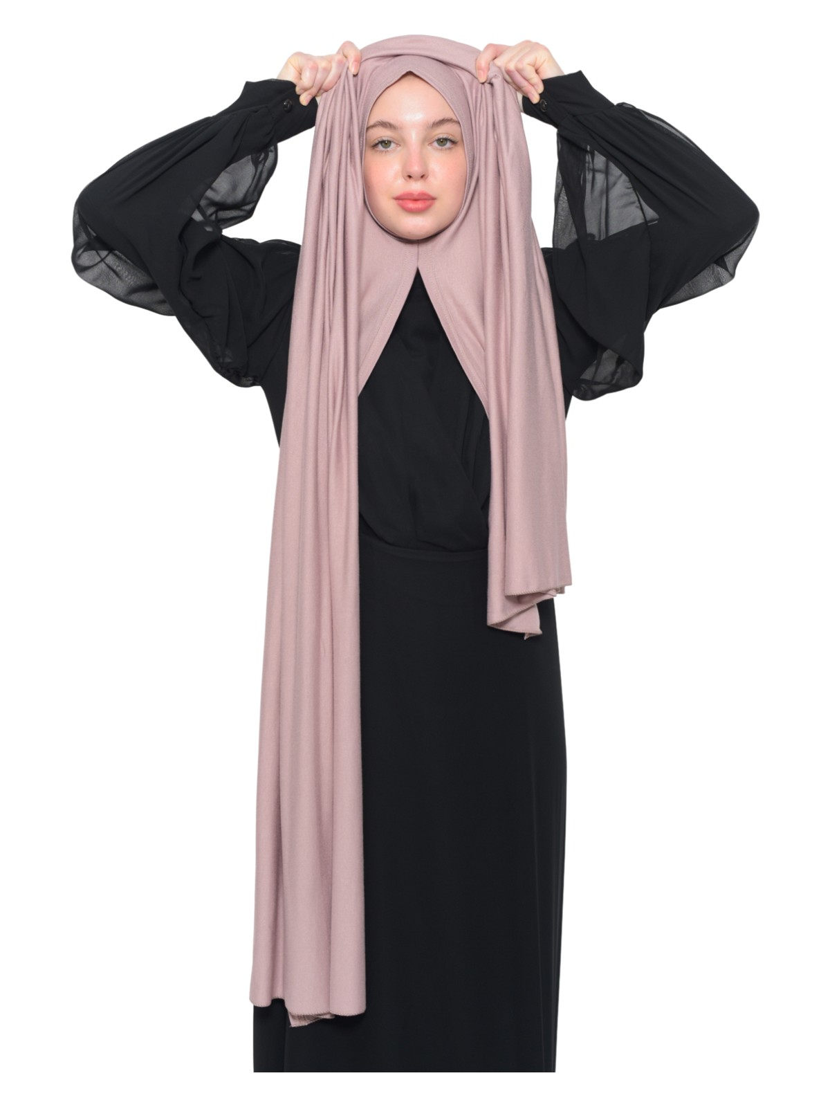 Altobeh Hazır Pratik Geçmeli Lüks Organik Düz Penye Şal Çapraz Hizalı-Pudra