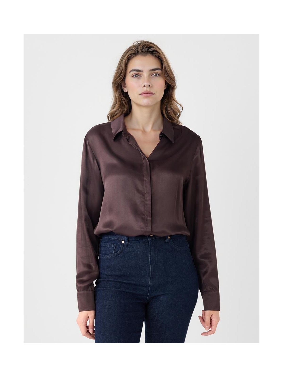 Jimmy Key Acı Kahve Uzun Kollu Rahat Kesim Saten Gömlek