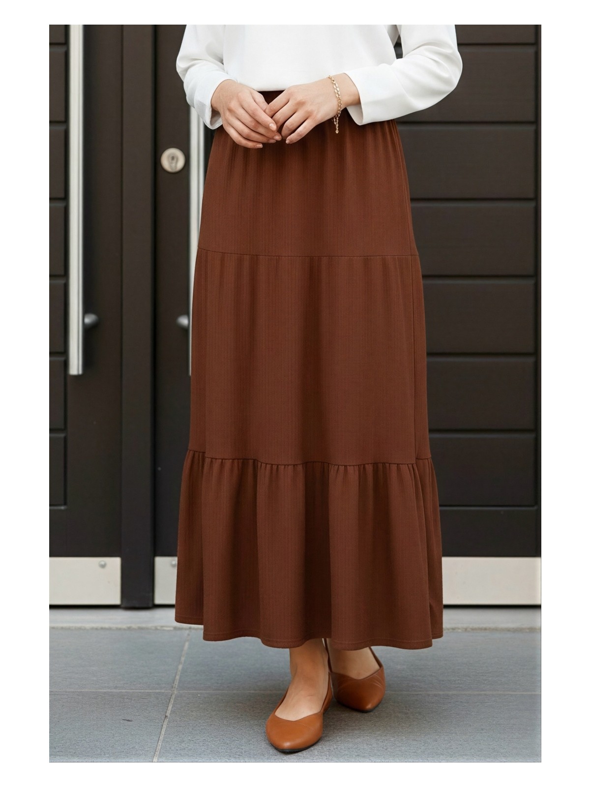 İmaj Butik Zümrüt Yeşili Eteği Katlı Bel Lastikli Bürümcük Etek - Görsel 3