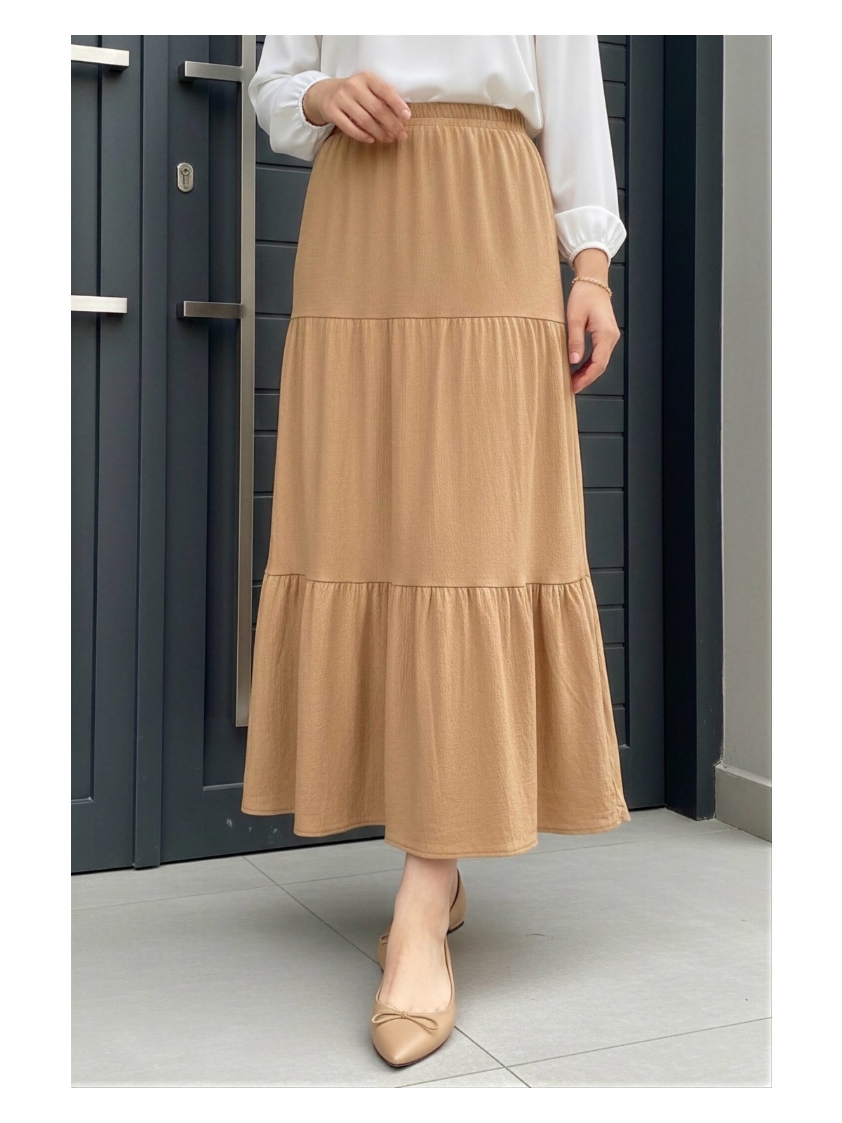 İmaj Butik Zümrüt Yeşili Eteği Katlı Bel Lastikli Bürümcük Etek - Görsel 4