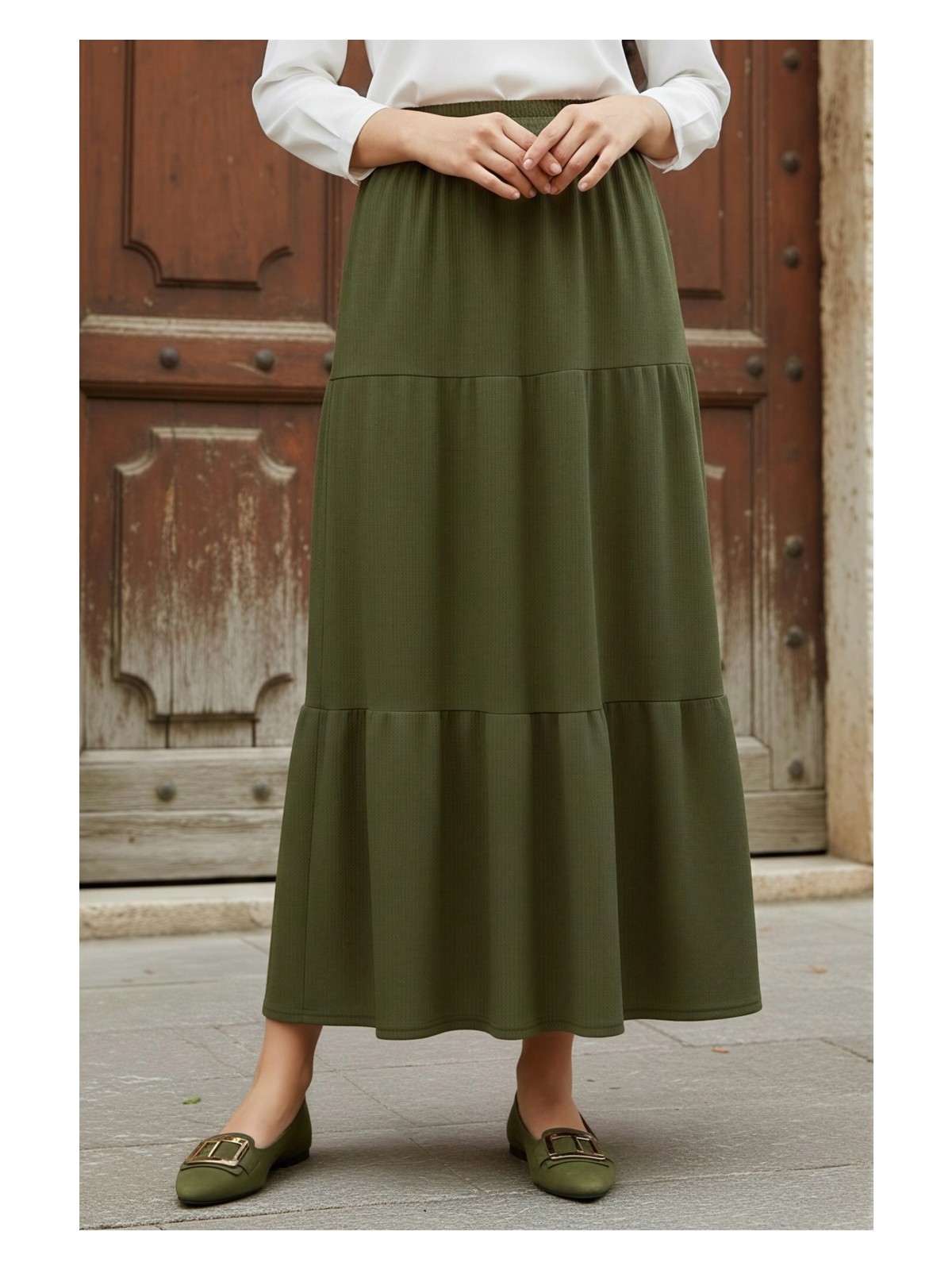 İmaj Butik Zümrüt Yeşili Eteği Katlı Bel Lastikli Bürümcük Etek - Görsel 8