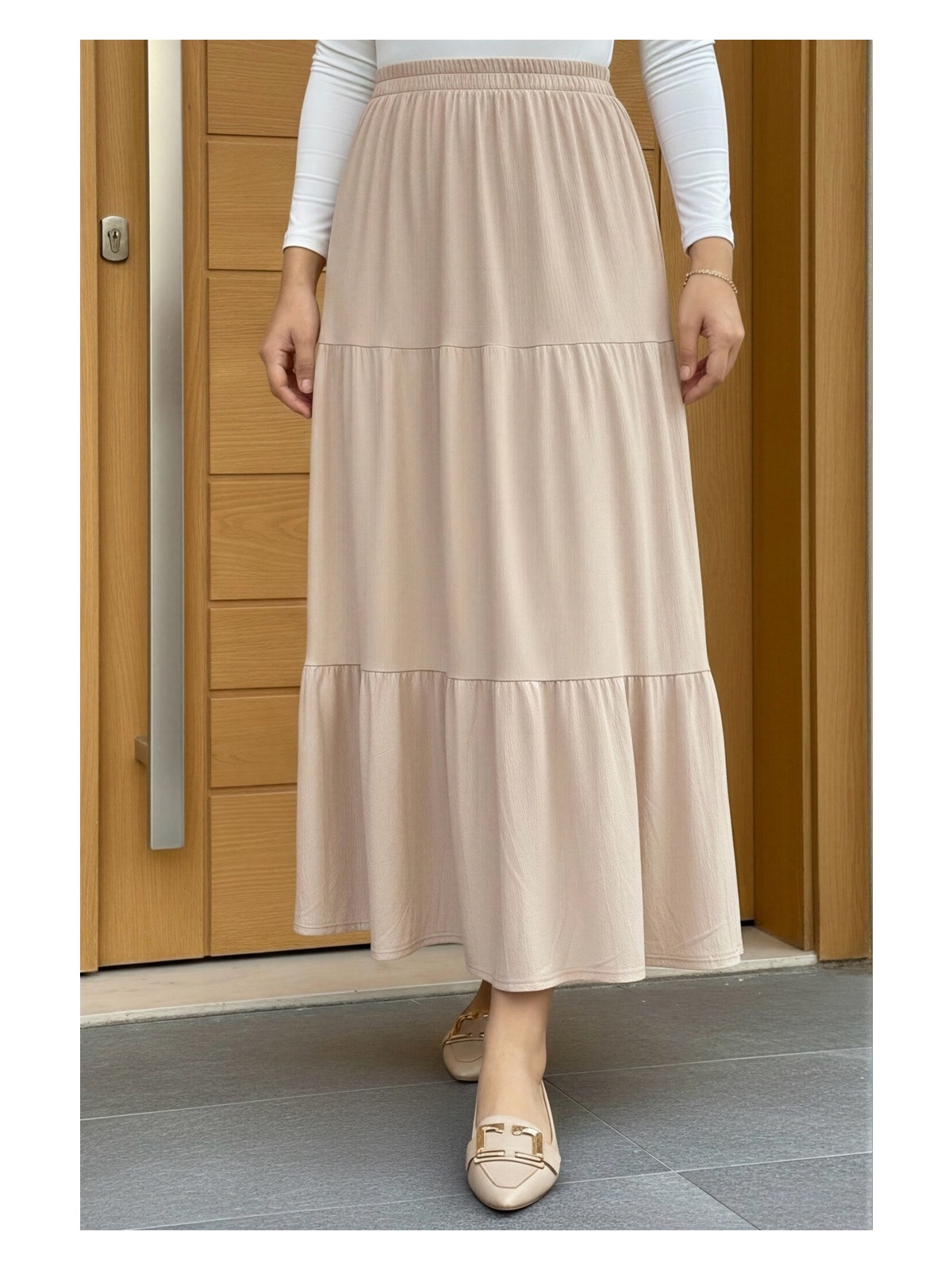 İmaj Butik Zümrüt Yeşili Eteği Katlı Bel Lastikli Bürümcük Etek - Görsel 9