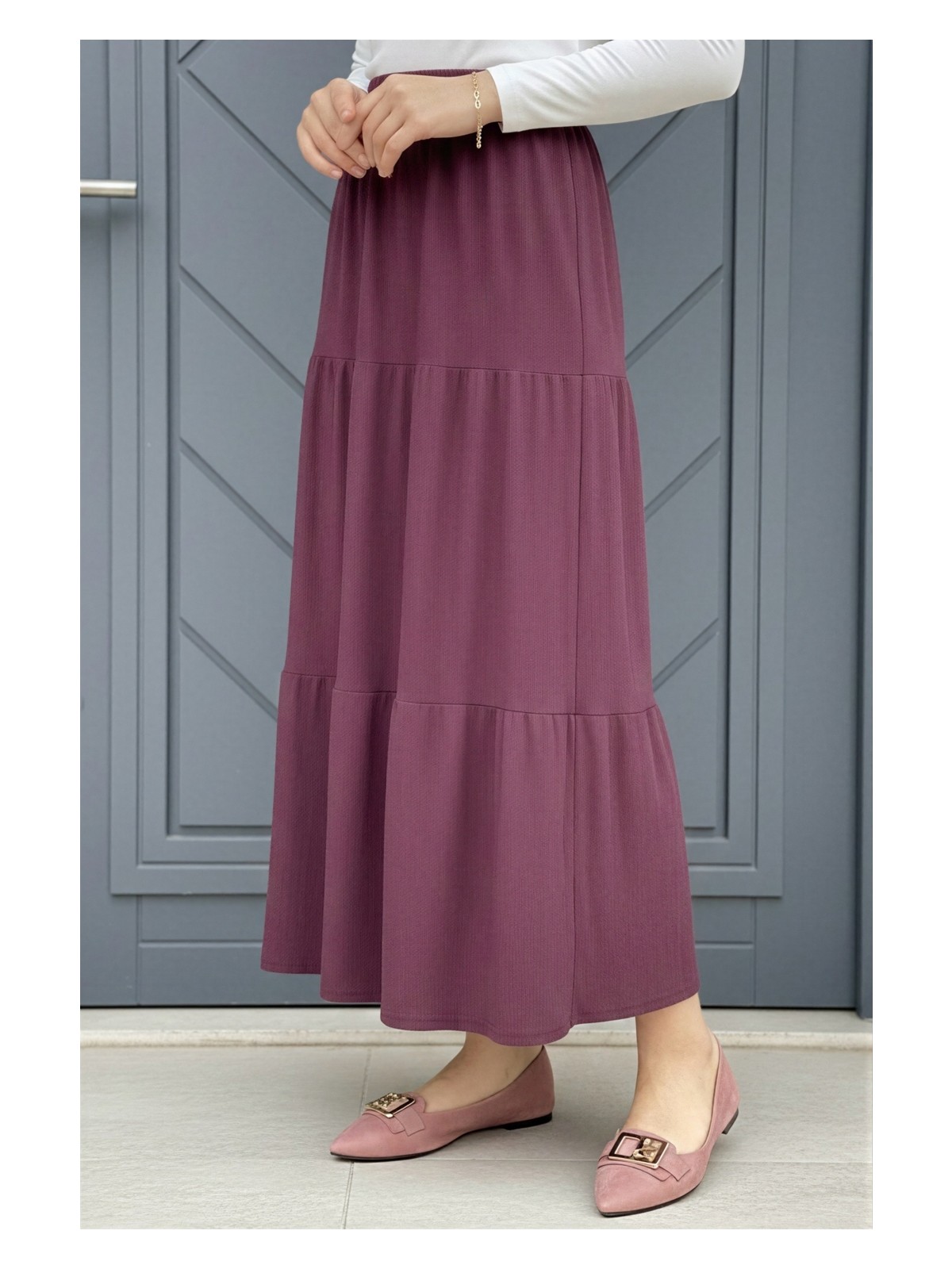 İmaj Butik Zümrüt Yeşili Eteği Katlı Bel Lastikli Bürümcük Etek - Görsel 10