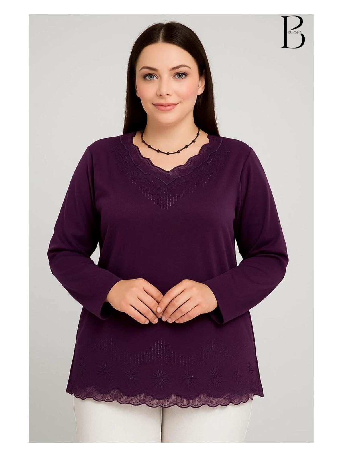 BURSPA Rahat Kesim V Yaka Etek Ucu Tül Inci Işlemeli Siyah Anne Penye Bluz - Görsel 5