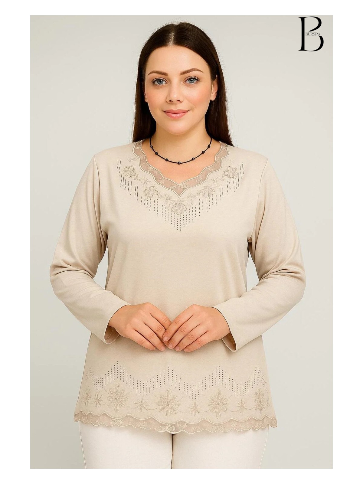 BURSPA Rahat Kesim V Yaka Etek Ucu Tül Inci Işlemeli Haki Anne Penye Bluz - Görsel 7