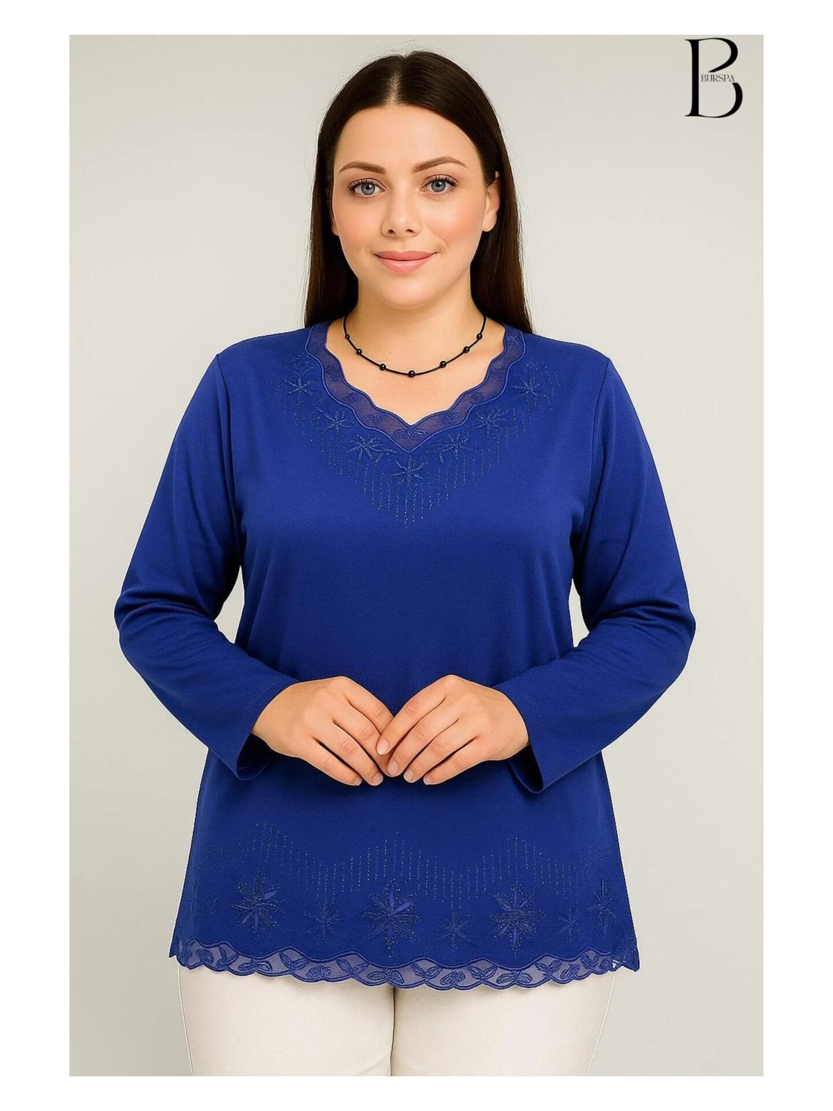 BURSPA Rahat Kesim V Yaka Etek Ucu Tül Inci Işlemeli Mürdüm Anne Penye Bluz - Görsel 8