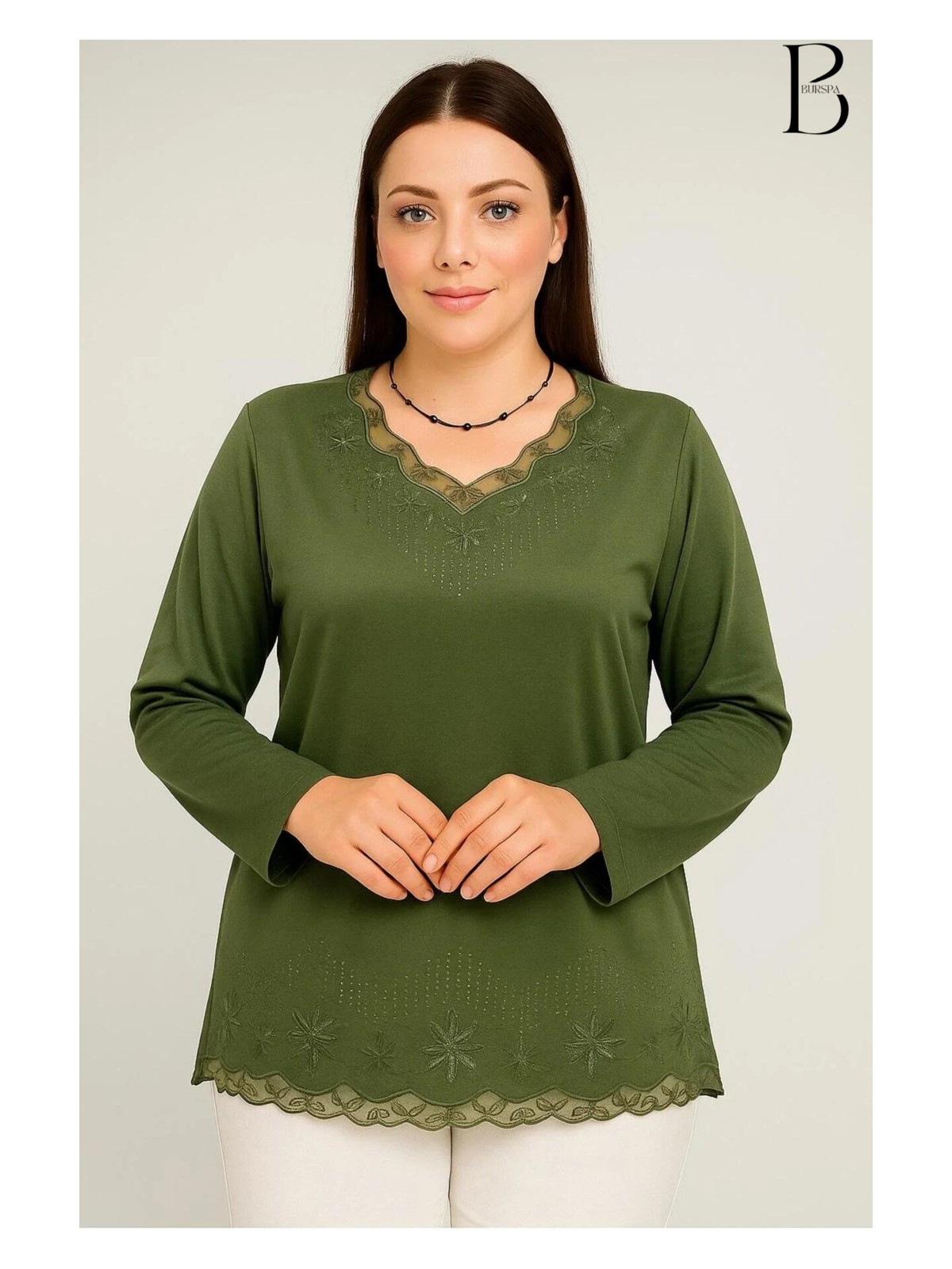 BURSPA Rahat Kesim V Yaka Etek Ucu Tül Inci Işlemeli Siyah Anne Penye Bluz - Görsel 6