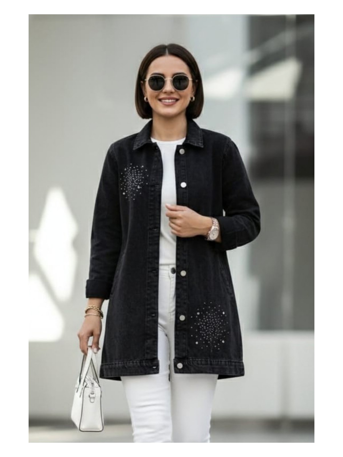 Kadın Taş Detaylı Düğmeli Cepli Kot Mavi Ceket - Görsel 4