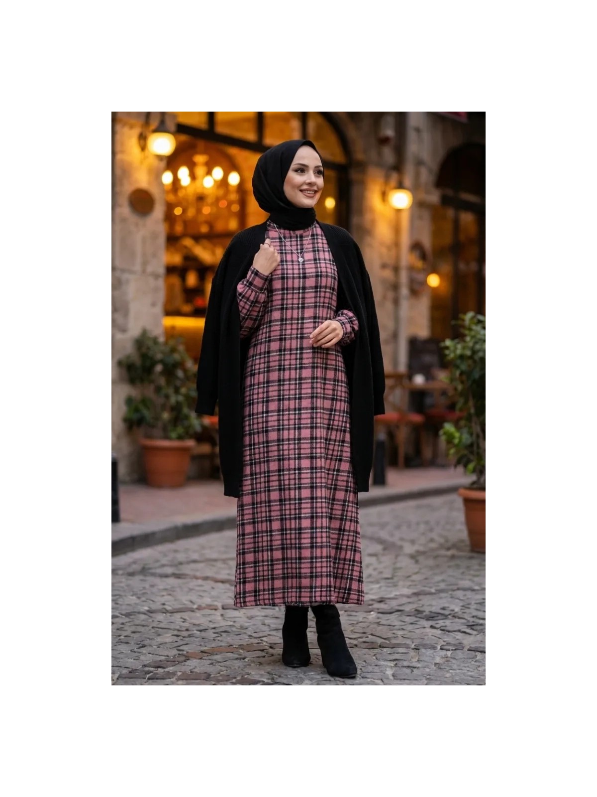 Ekose Desenli Oduncu Kışlık Elbise 2507-04 Gül Kurusu