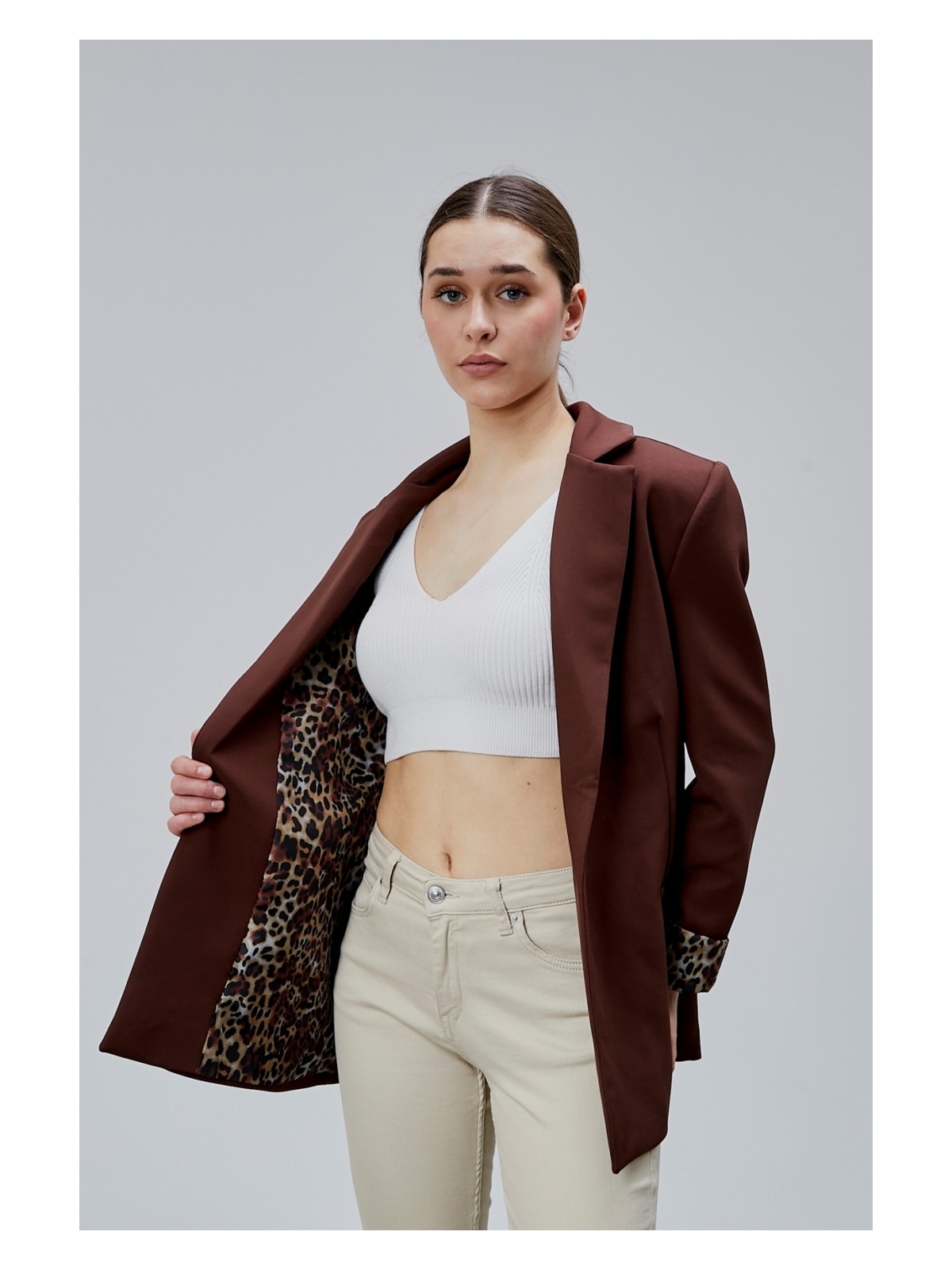 Bolivente Kahverengi Kruvaze Yaka Kolu Katlama Detaylı Regular Vatkalı Blazer Ceket