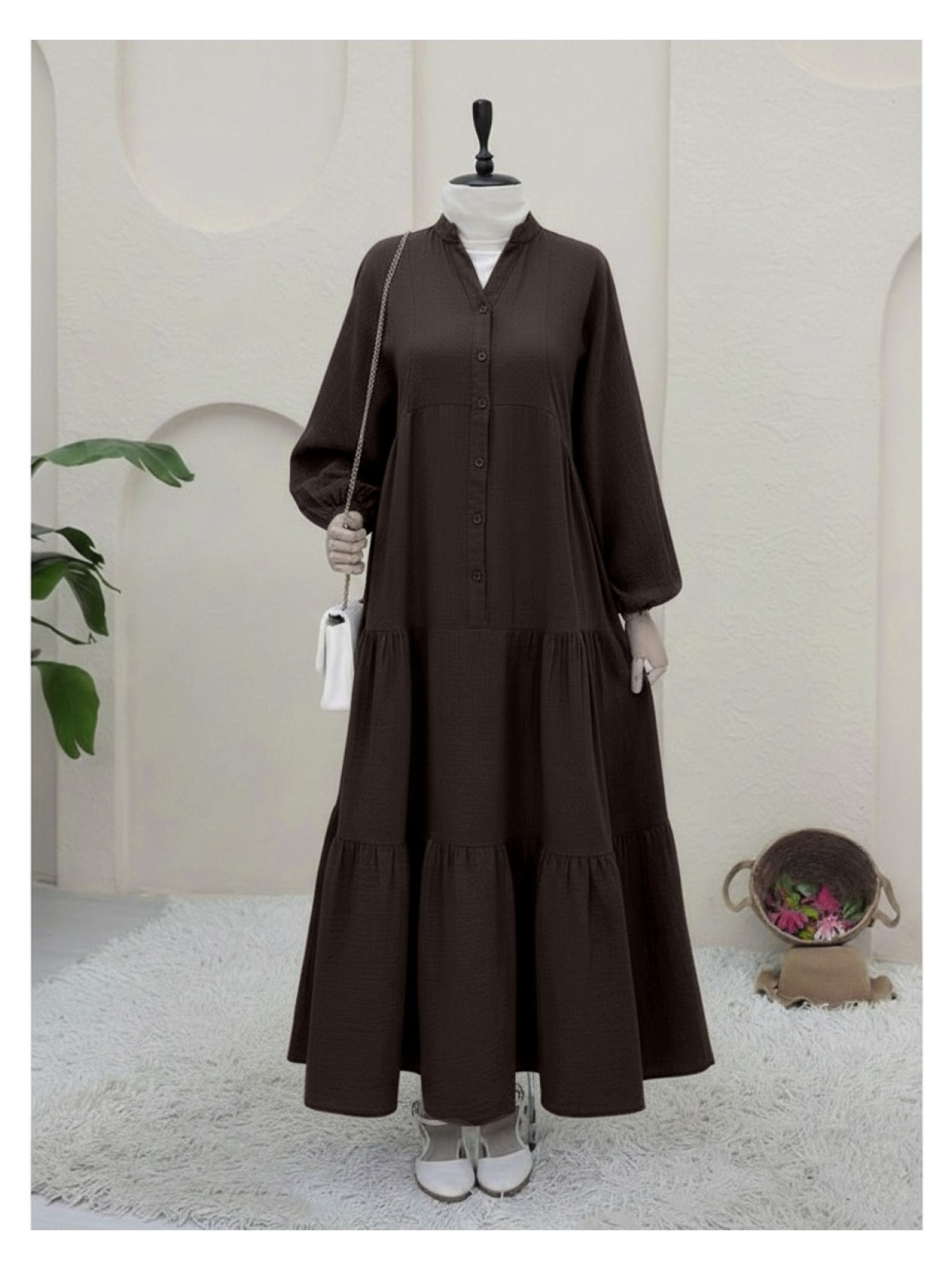 Modamorfo V Yaka Yarım Düğmeli Kolu Lastikli Parçalı Müslin Elbise -Taş - Görsel 6