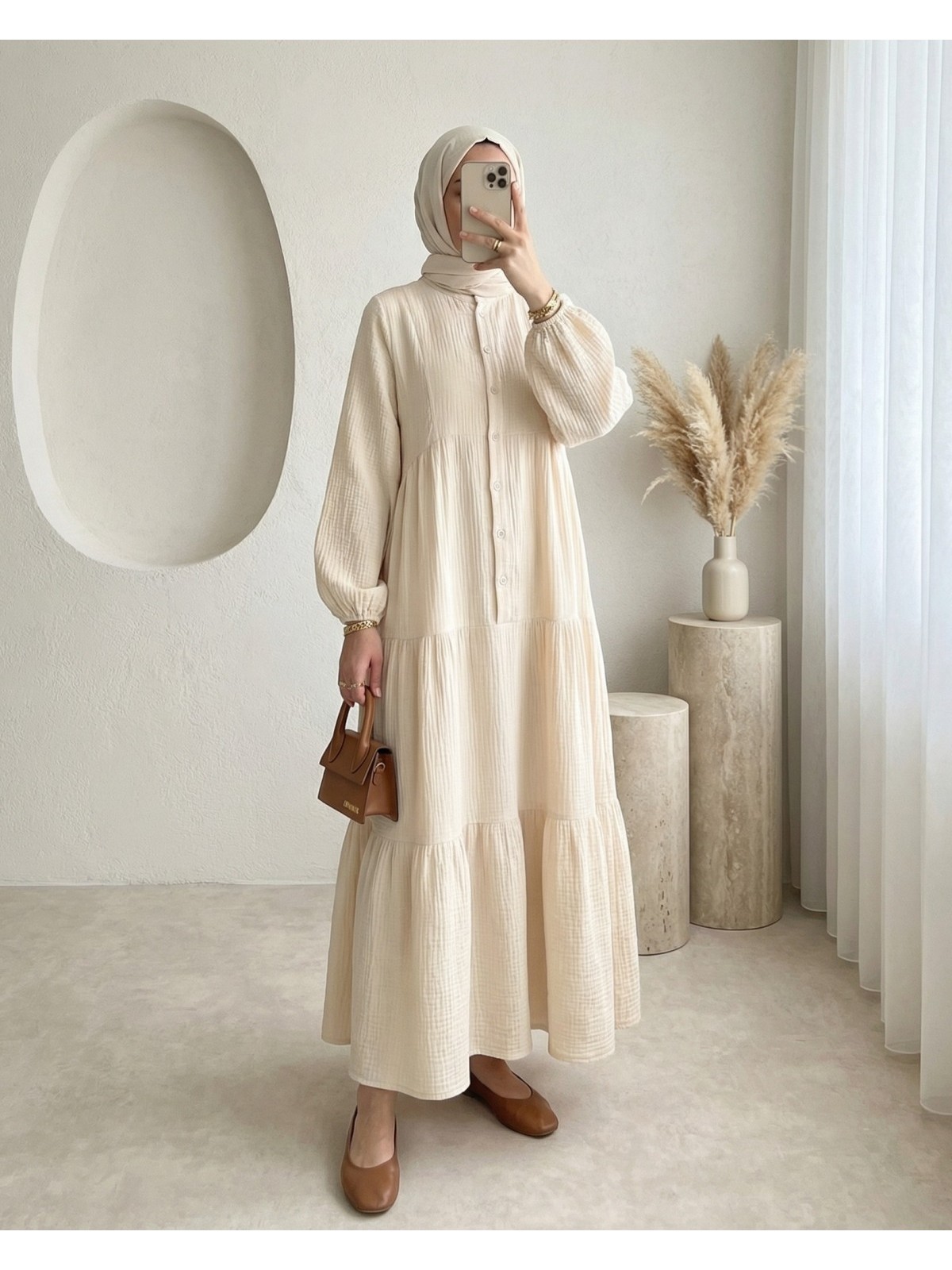 Modamorfo V Yaka Yarım Düğmeli Kolu Lastikli Parçalı Müslin Elbise -Taş