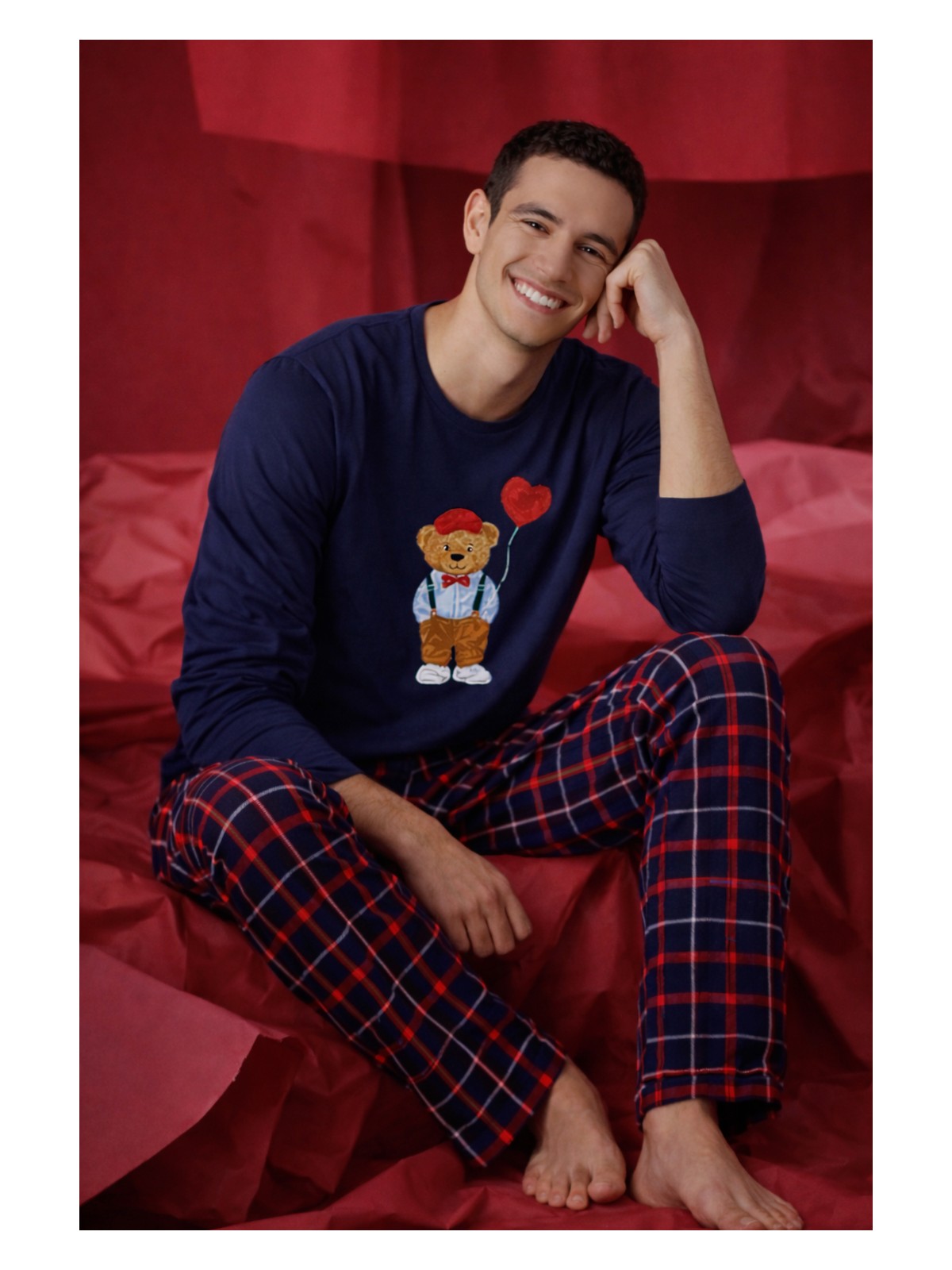 Koza İç Giyim Erkek Pamuklu Ayıcık Baskılı Ekose Desenli Pijama Takımı