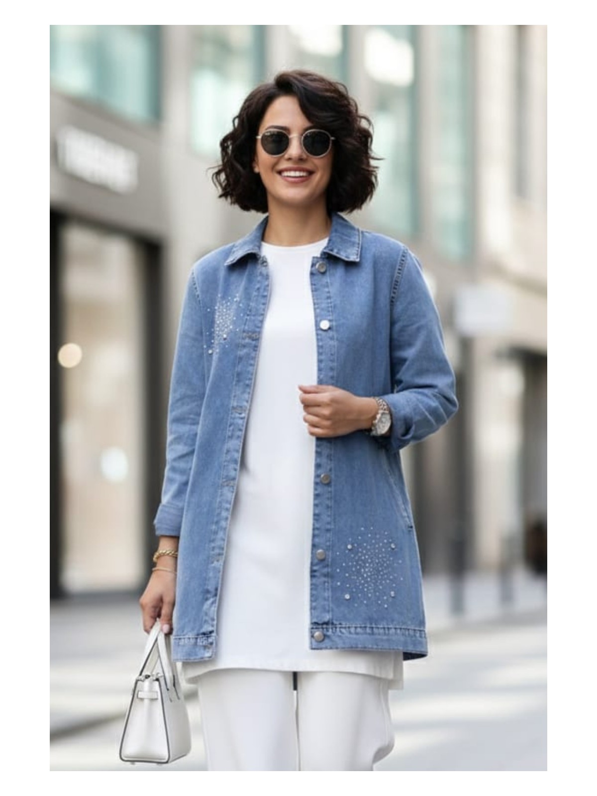 Kadın Taş Detaylı Düğmeli Cepli Siyah Kot Ceket - Görsel 3