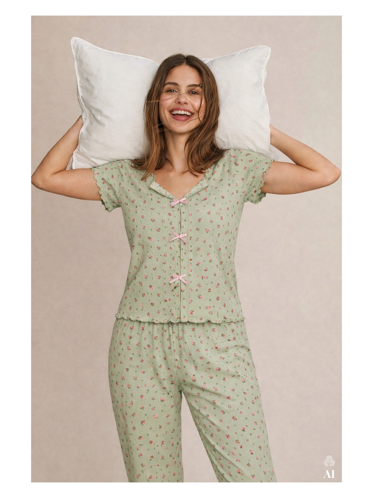 Koza İç Giyim Kadın Kısa Kollu Fiyonklu Fitilli Pijama Takımı