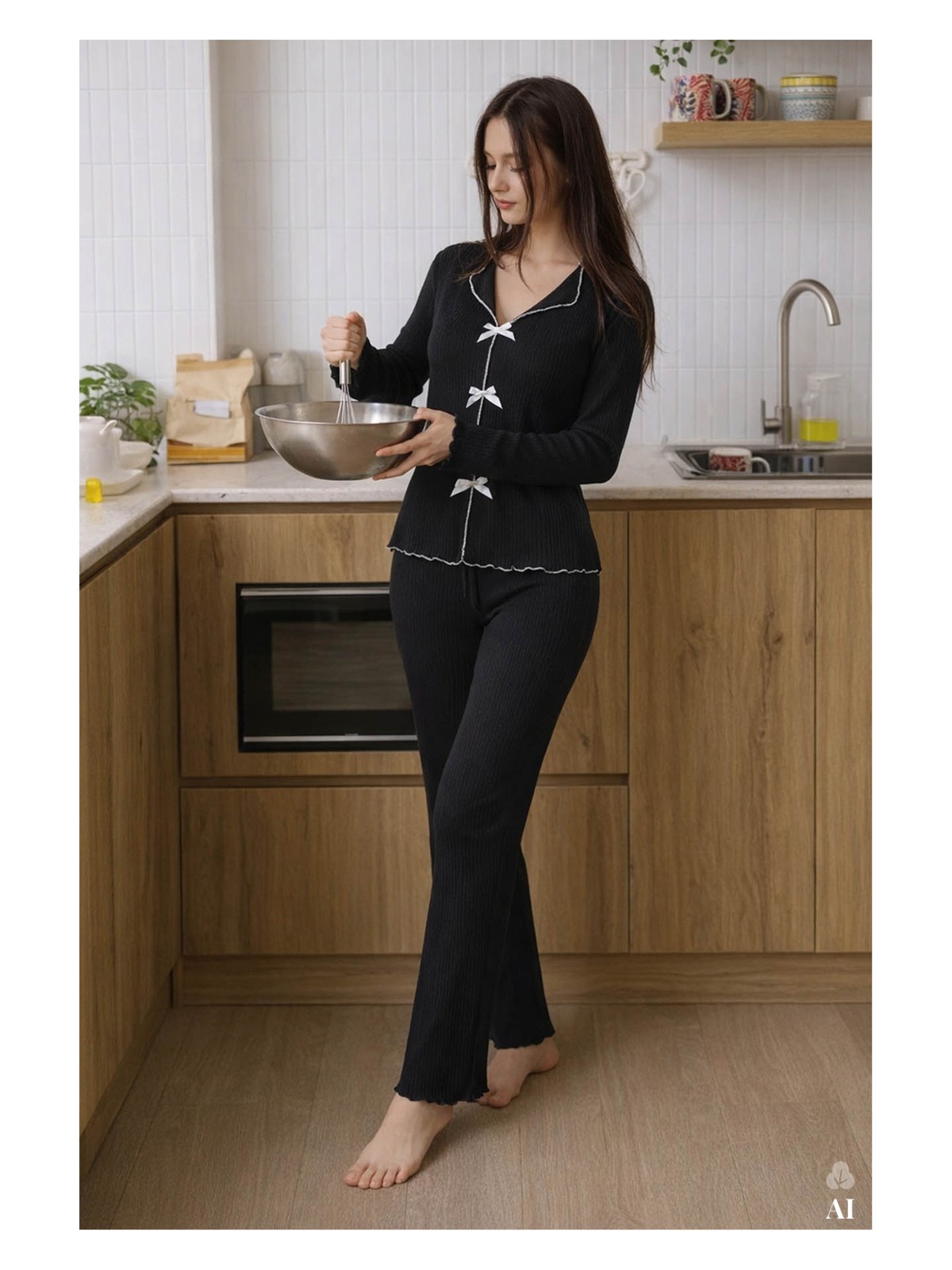 Koza İç Giyim Kadın Pamuklu Çıtır Çiçek Desenli Baby Overloklu Fiyonklu Uzun Kollu Pijama Takımı - Görsel 6