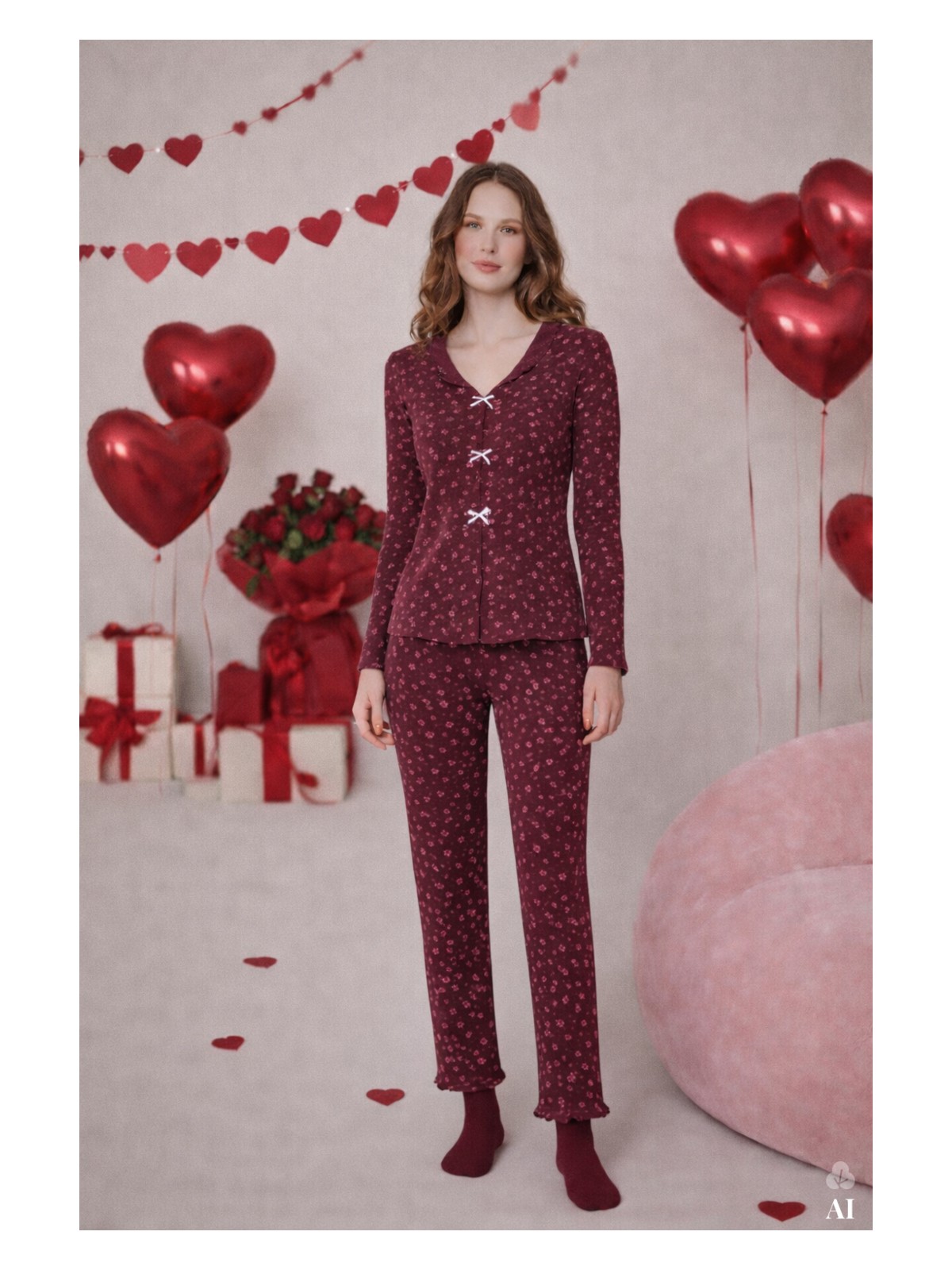 Koza İç Giyim Kadın Pamuklu Çıtır Çiçek Desenli Baby Overloklu Fiyonklu Uzun Kollu Pijama Takımı - Görsel 8