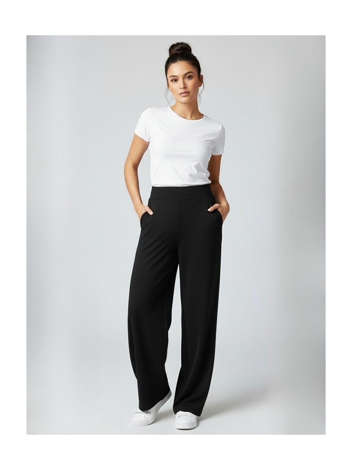 Trendseninle Kadın Siyah Beli Lastikli Detaylı Elastanlı Palazzo Yüksek Bel Pantolon