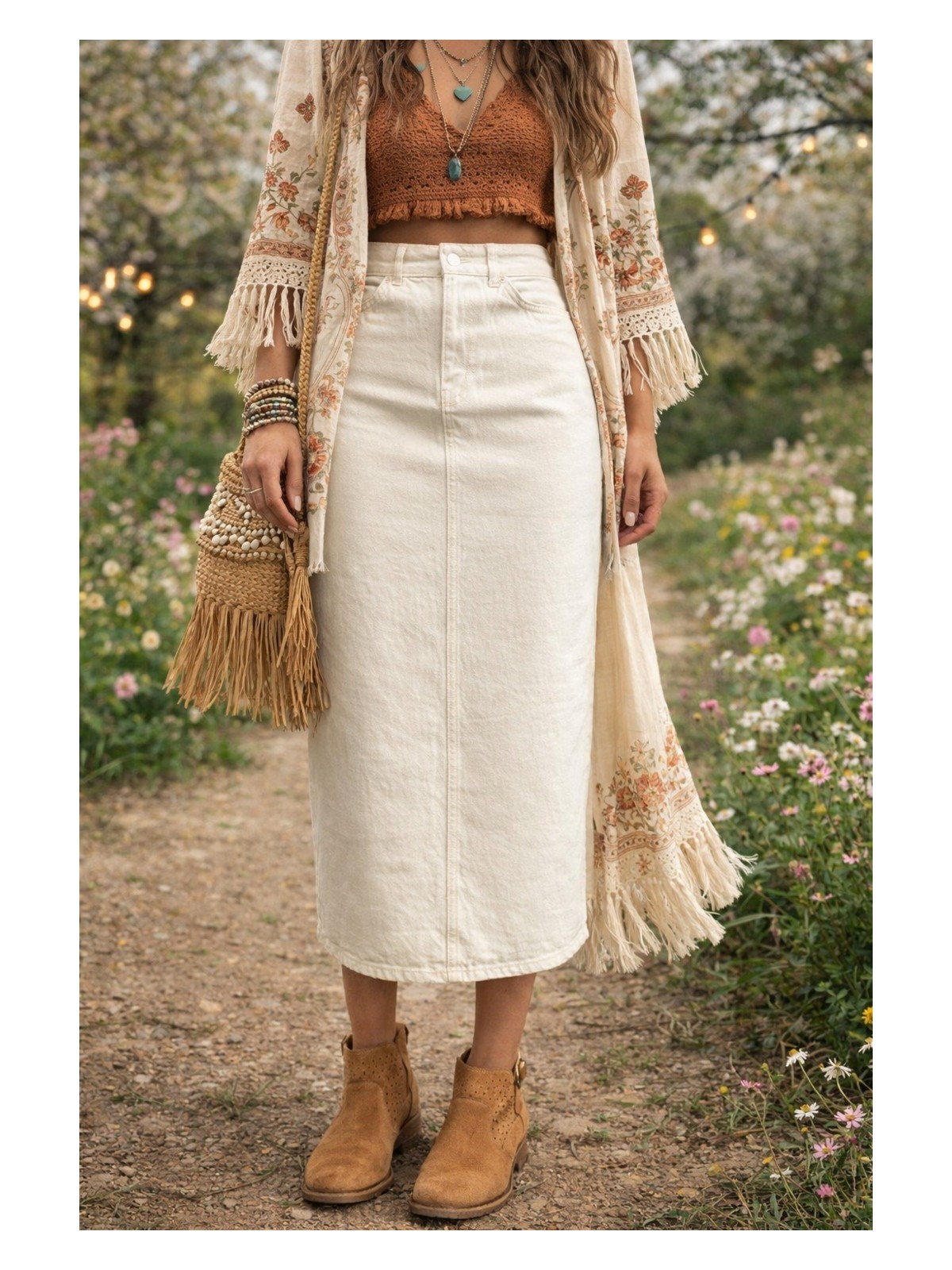 Dema Kadın Ekru Pamuk Denim Etek