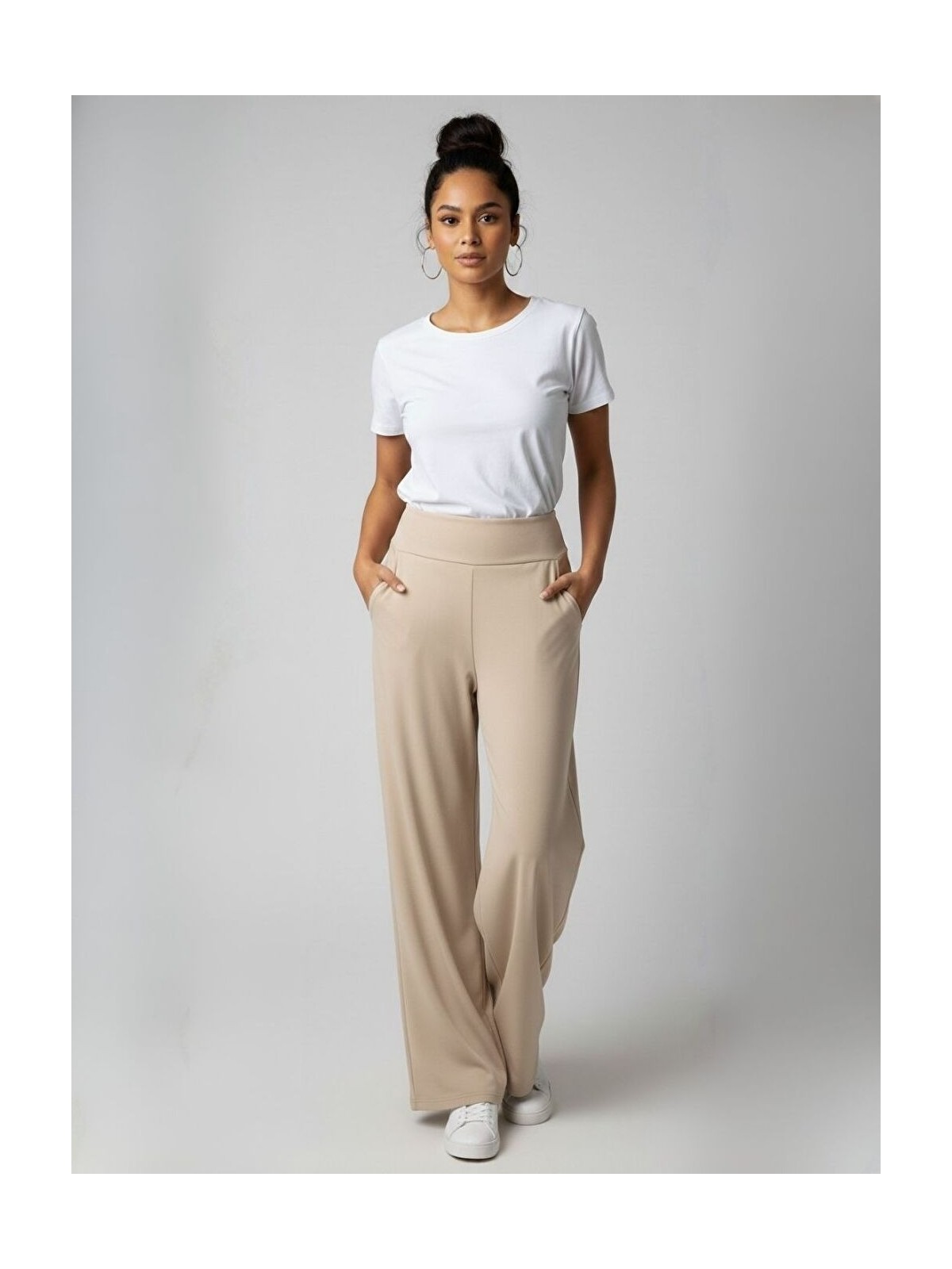Trendseninle Kadın Bej Beli Lastikli Detaylı Elastanlı Palazzo Yüksek Bel Pantolon