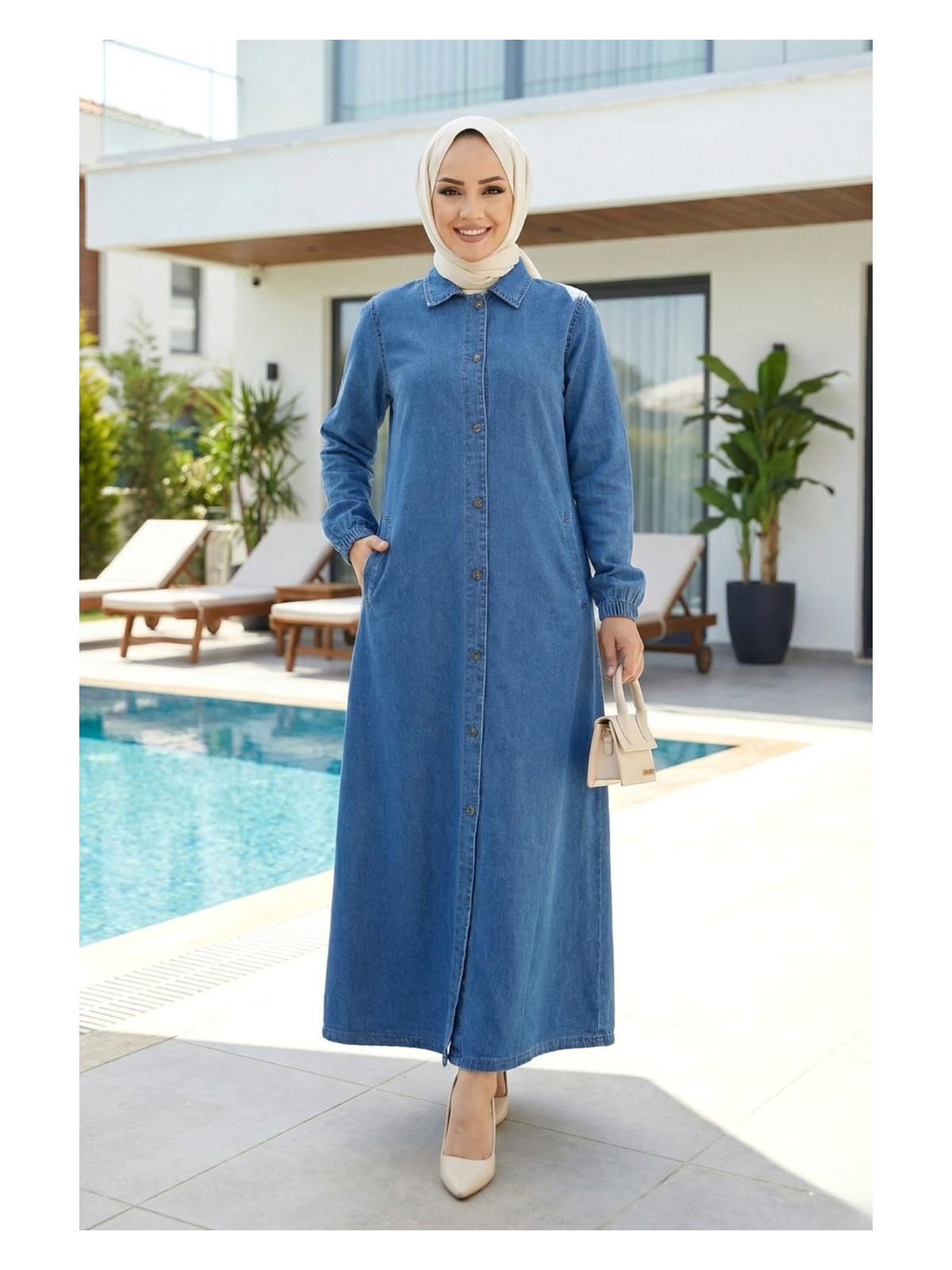 Kadın Düğmeli Cepli Koyu Kot Mavi Kap