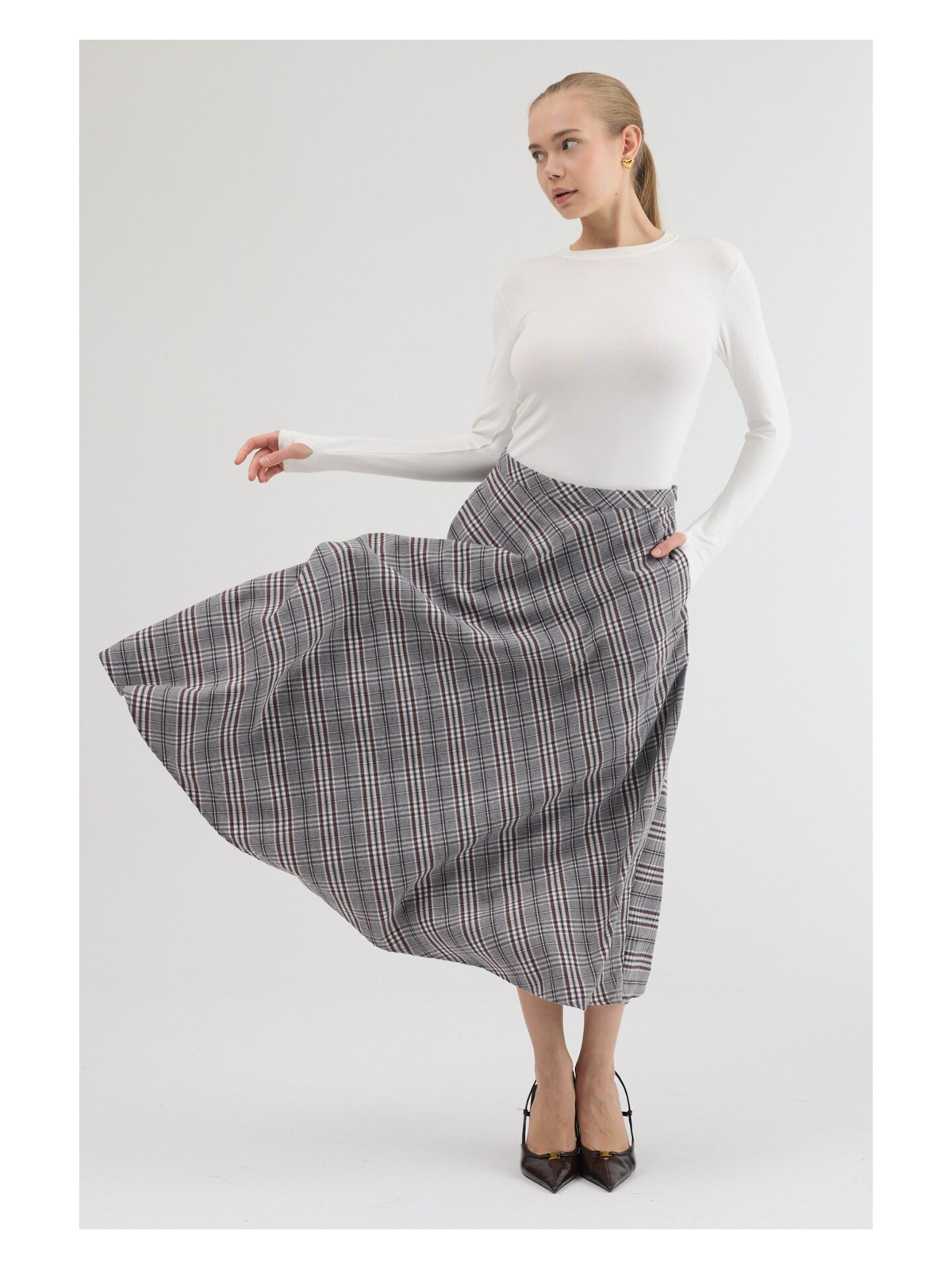 Moviment Kahverengi-Siyah Aura Yüksek Bel A-Kesim Ekose Midi Etek - Görsel 5