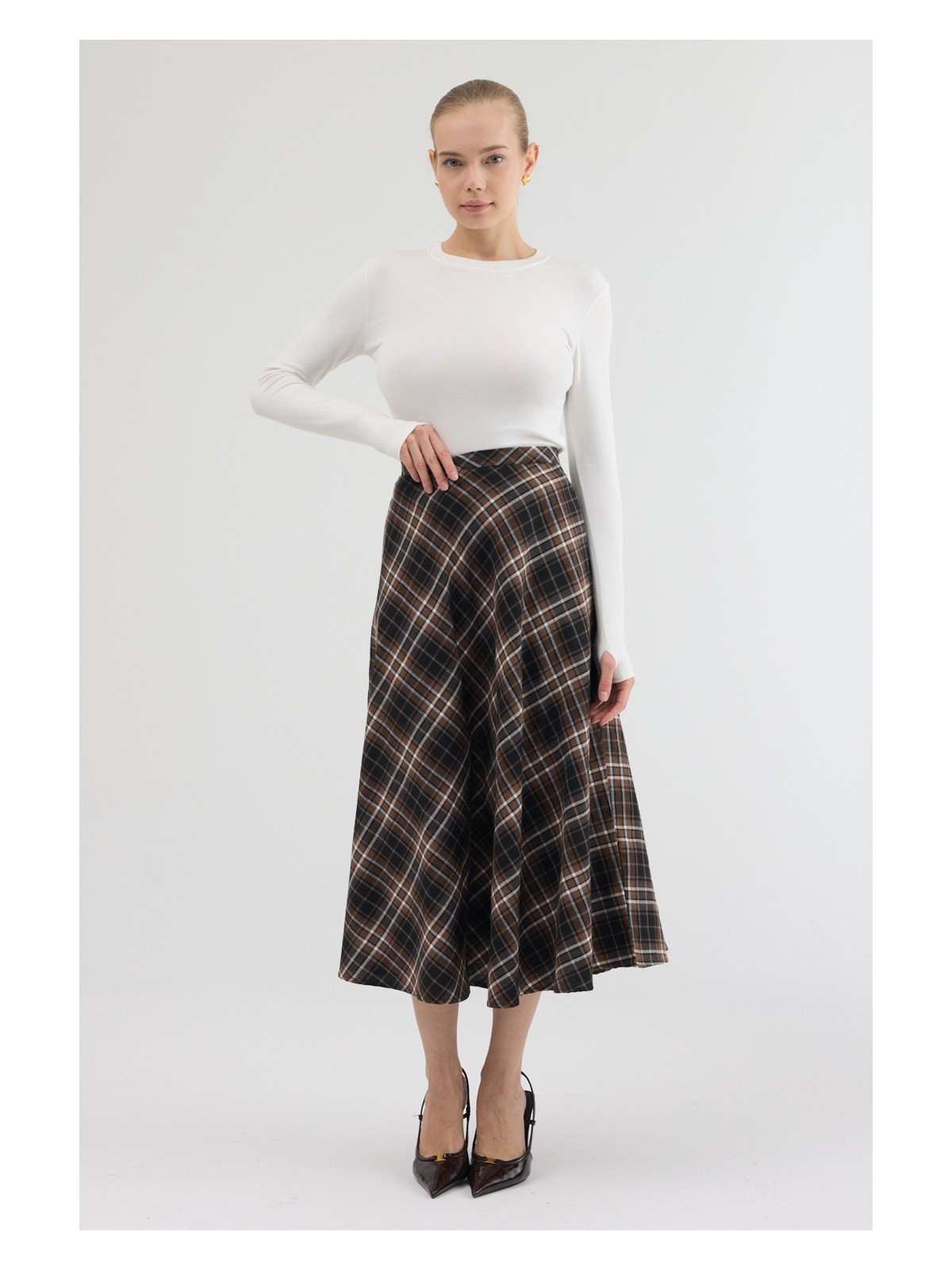 Moviment Kahverengi-Siyah Aura Yüksek Bel A-Kesim Ekose Midi Etek