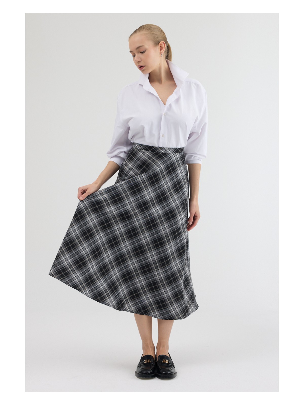 Moviment Kahverengi-Siyah Aura Yüksek Bel A-Kesim Ekose Midi Etek - Görsel 6