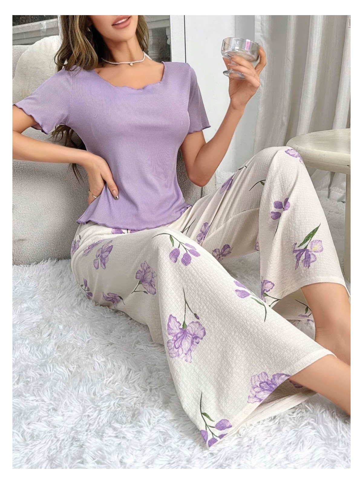 Kadın Mor Çiçek Desenli Yumuşak Pamuklu Uzun Pijama Takımı 5133