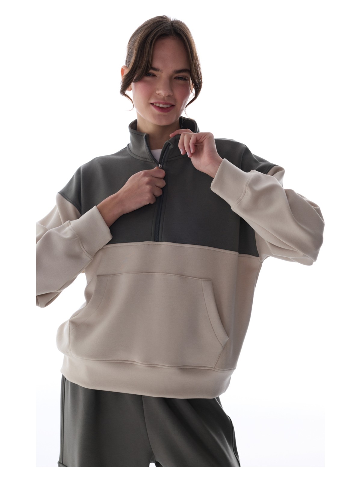 Penti Haki İpeksi Dokunuş Silky Feel Fermuar Yaka Kanguru Cepli Uzun Kollu Sweatshirt