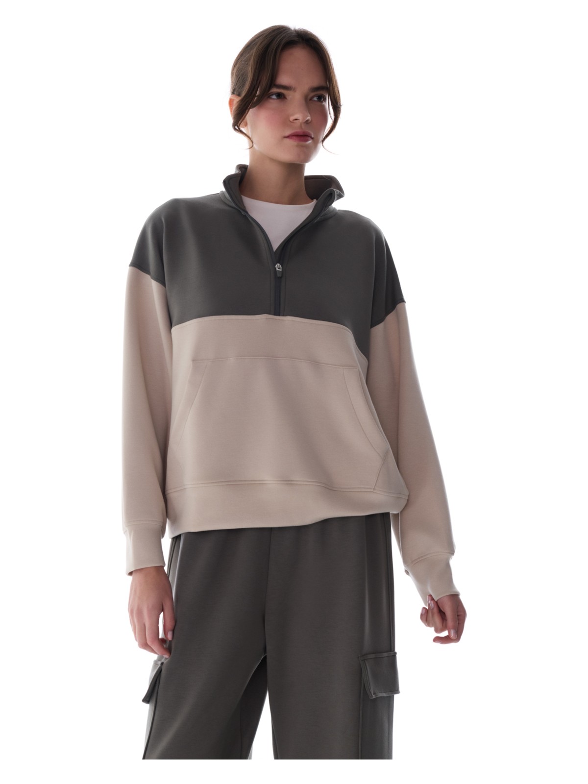 Penti Haki İpeksi Dokunuş Silky Feel Fermuar Yaka Kanguru Cepli Uzun Kollu Sweatshirt - Görsel 2