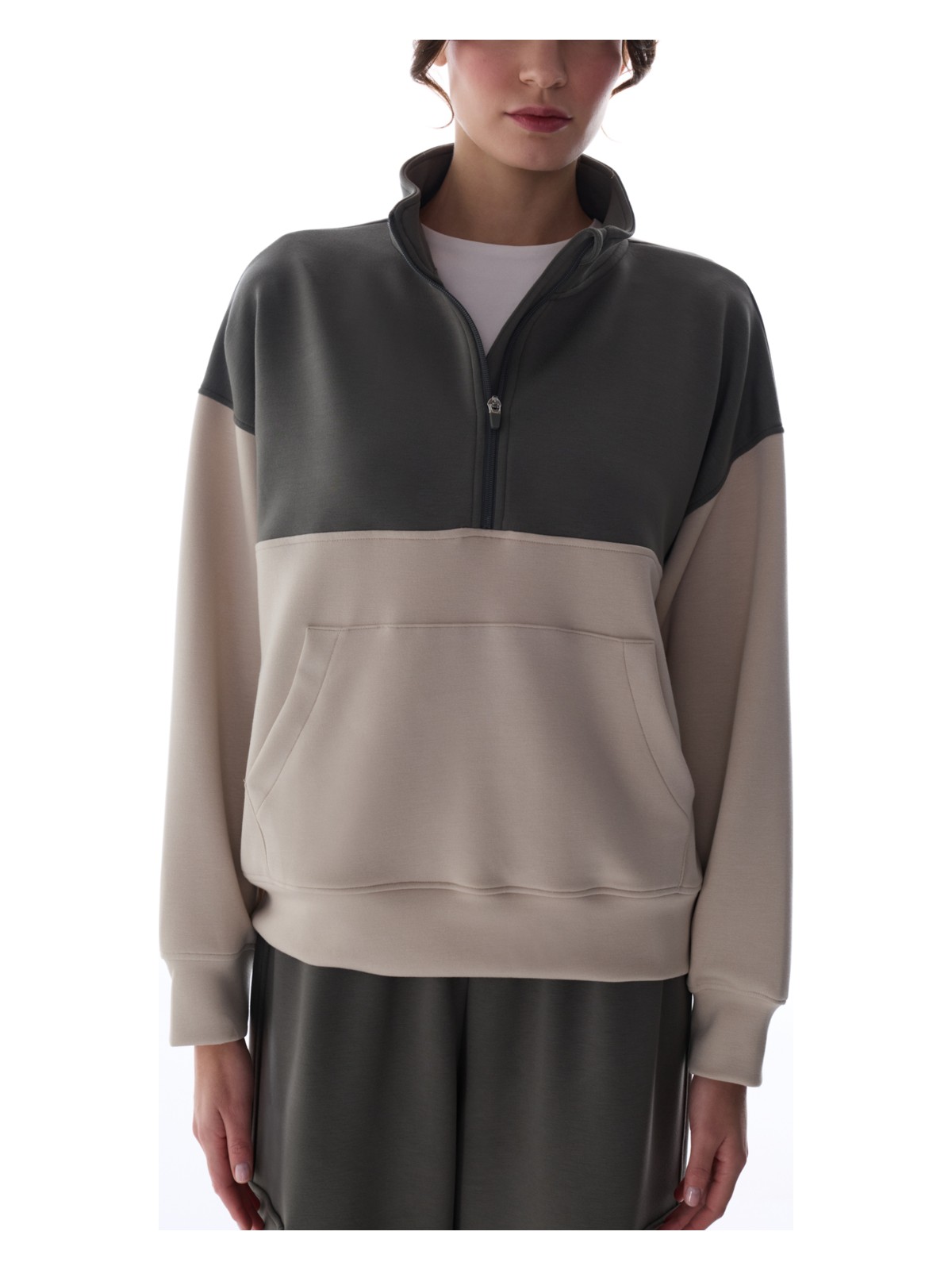 Penti Haki İpeksi Dokunuş Silky Feel Fermuar Yaka Kanguru Cepli Uzun Kollu Sweatshirt - Görsel 5