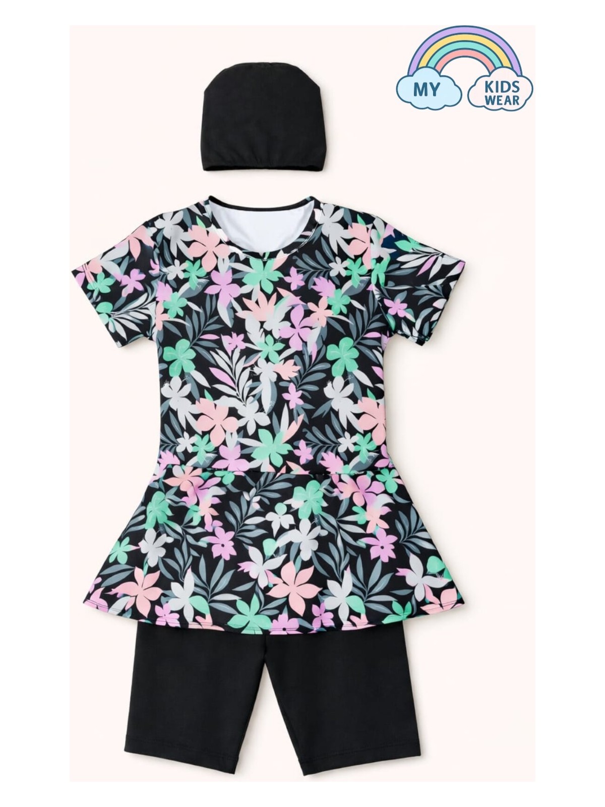 My Kids Wear Kız Çocuk Desenli Şortlu Bone’li Mayo Takımı 12574 - Görsel 4