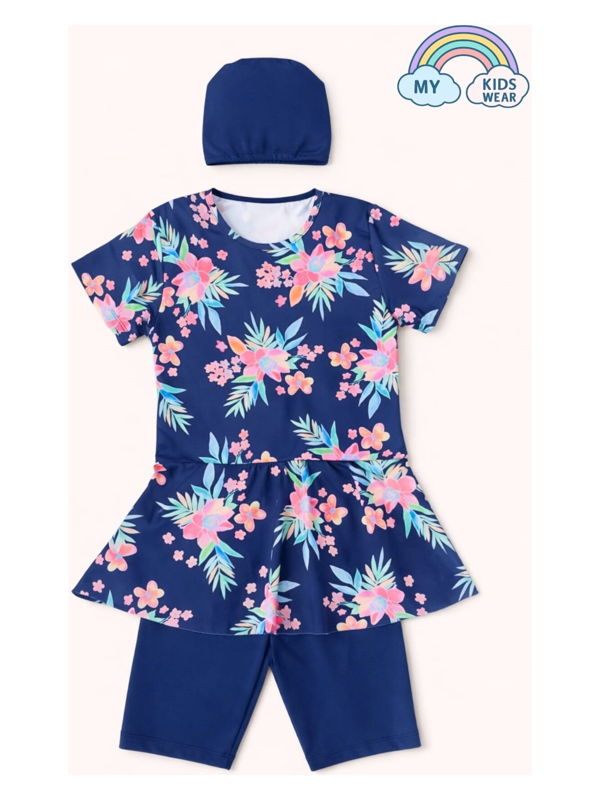 My Kids Wear Kız Çocuk Desenli Şortlu Bone’li Mayo Takımı 12574 - Görsel 5