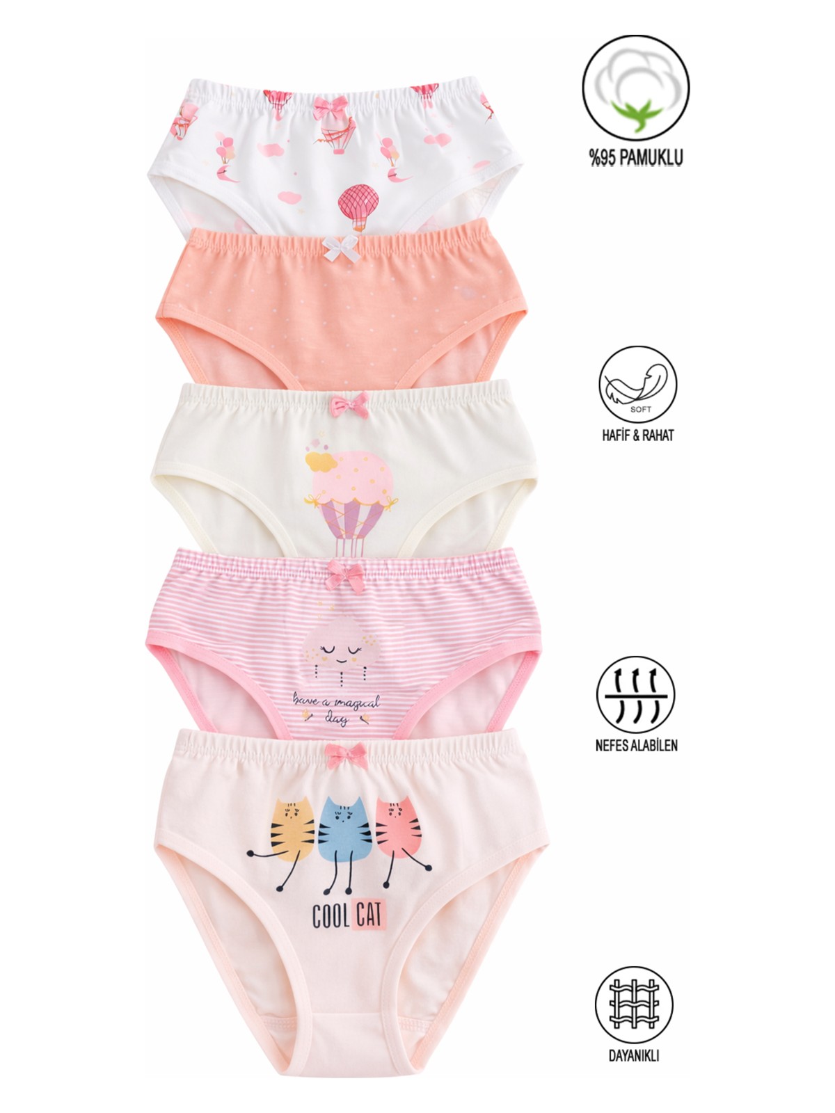 Özkan Underwear Özkan 41603 5'li Paket Kız Çocuk Karışık Renkli Desenli Pamuklu Yumuşak Slip Külot