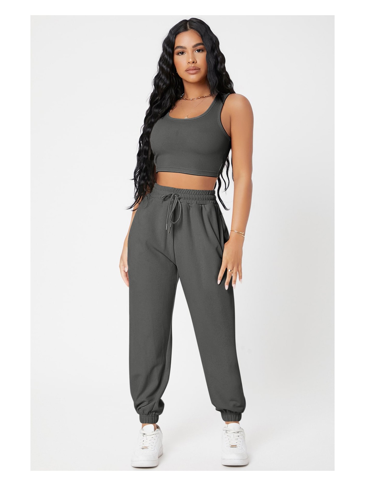 İmoda Gcm Kadın Antrasit Gri Kaşkorse Cepli Jogger Eşofman Altı ve Crop Top Bluz