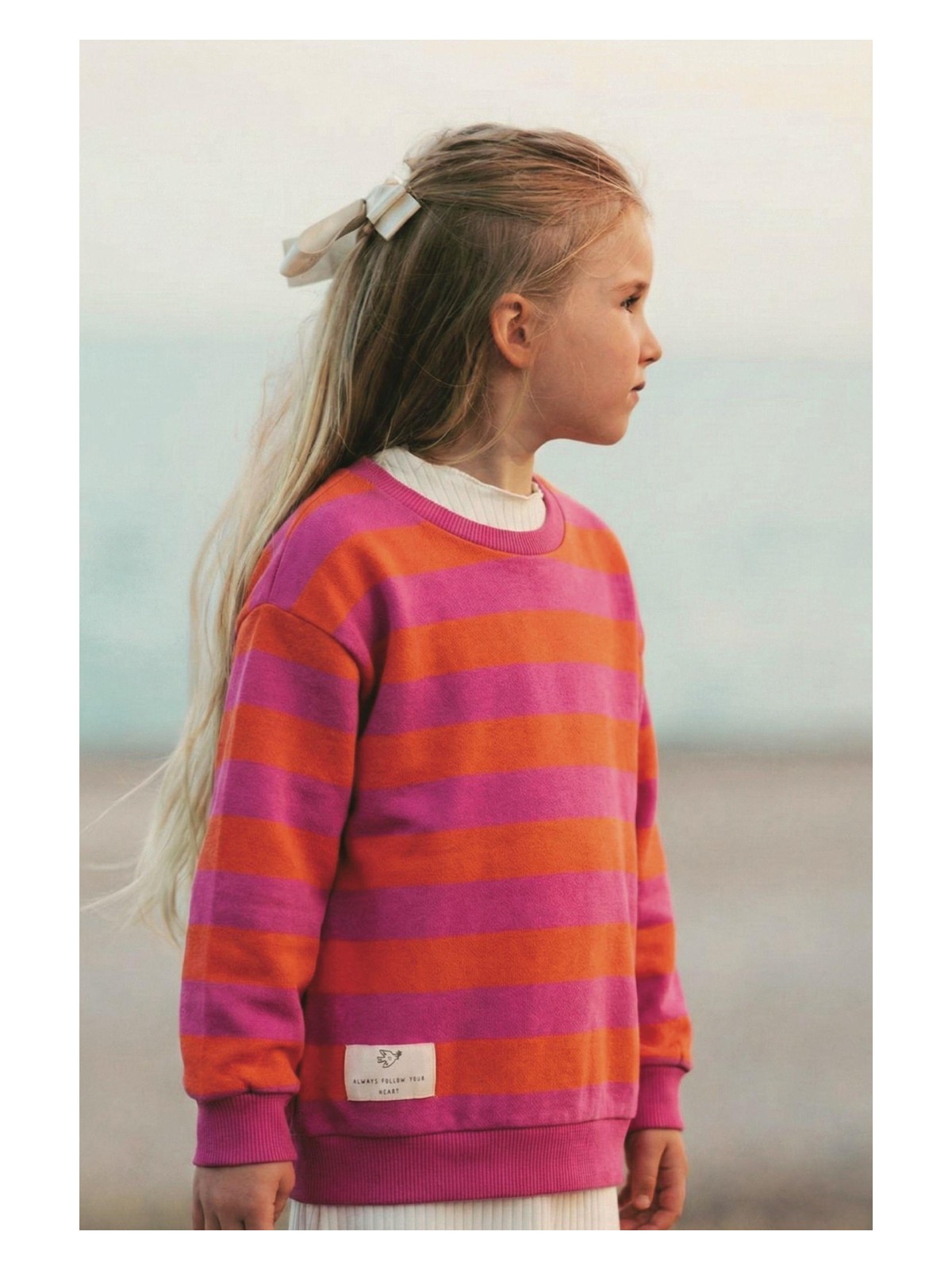 Cigit Çizgili Triko Sweatshırt 2-12 Yaş Turuncu Fuşya