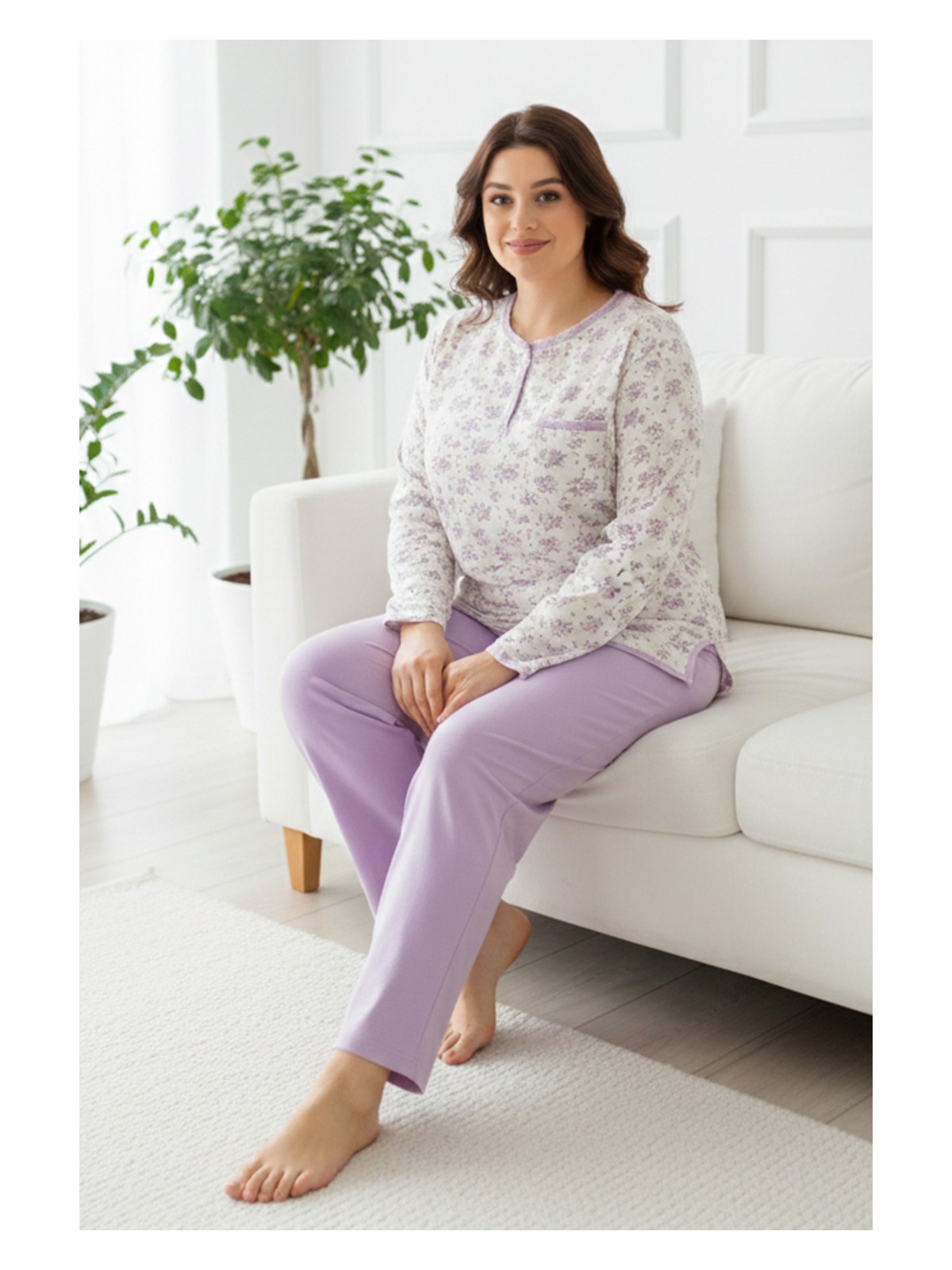 Aydoğan Büyük Beden Kadın Uzun Kol Kroşetalı Patlı Pamuklu Pijama Takımı 250676 BEYAZ03