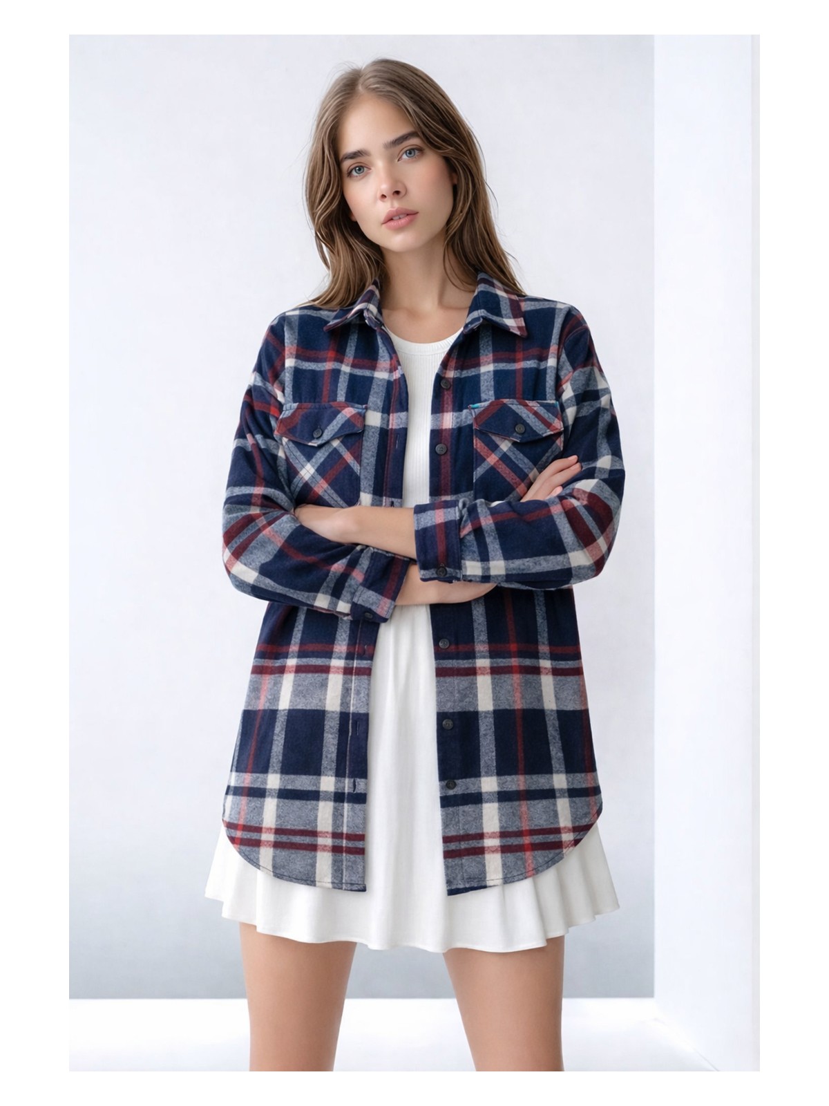 Mamayaga Kadın Desen Bloklu Oduncu Oversize Bol ve Geniş Kalıp Casual Cepli Yakalı Ceket Gömlek