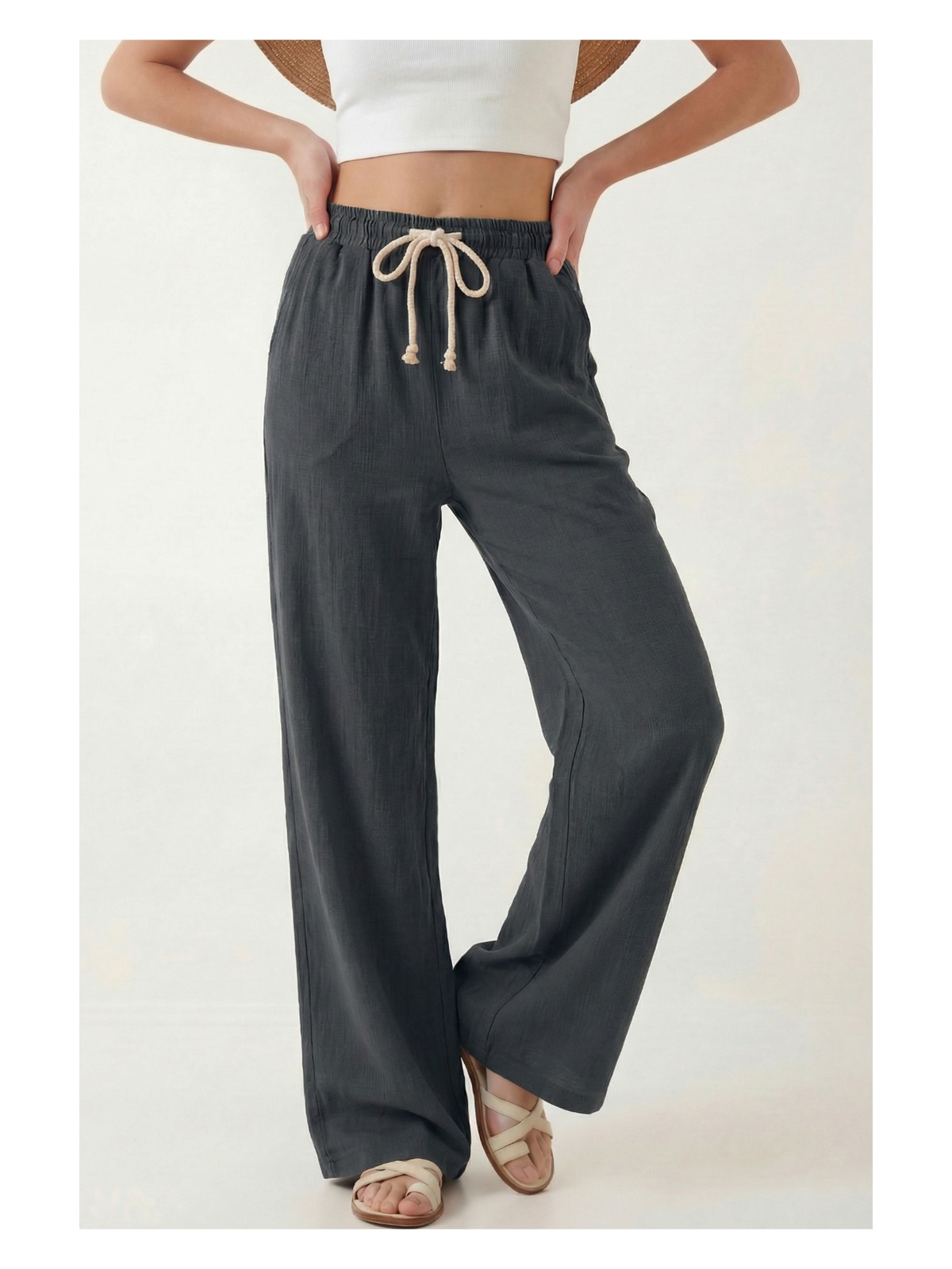 Veleno Kadın Palazzo Pantolon Müslin Siyah Geniş Paça Yüksek Bel