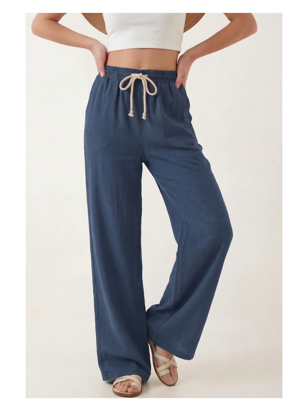 Veleno Kadın Palazzo Pantolon Müslin Siyah Geniş Paça Yüksek Bel - Görsel 4