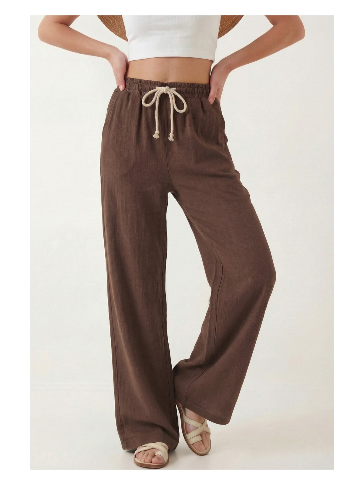 Veleno Kadın Palazzo Pantolon Müslin Siyah Geniş Paça Yüksek Bel - Görsel 6