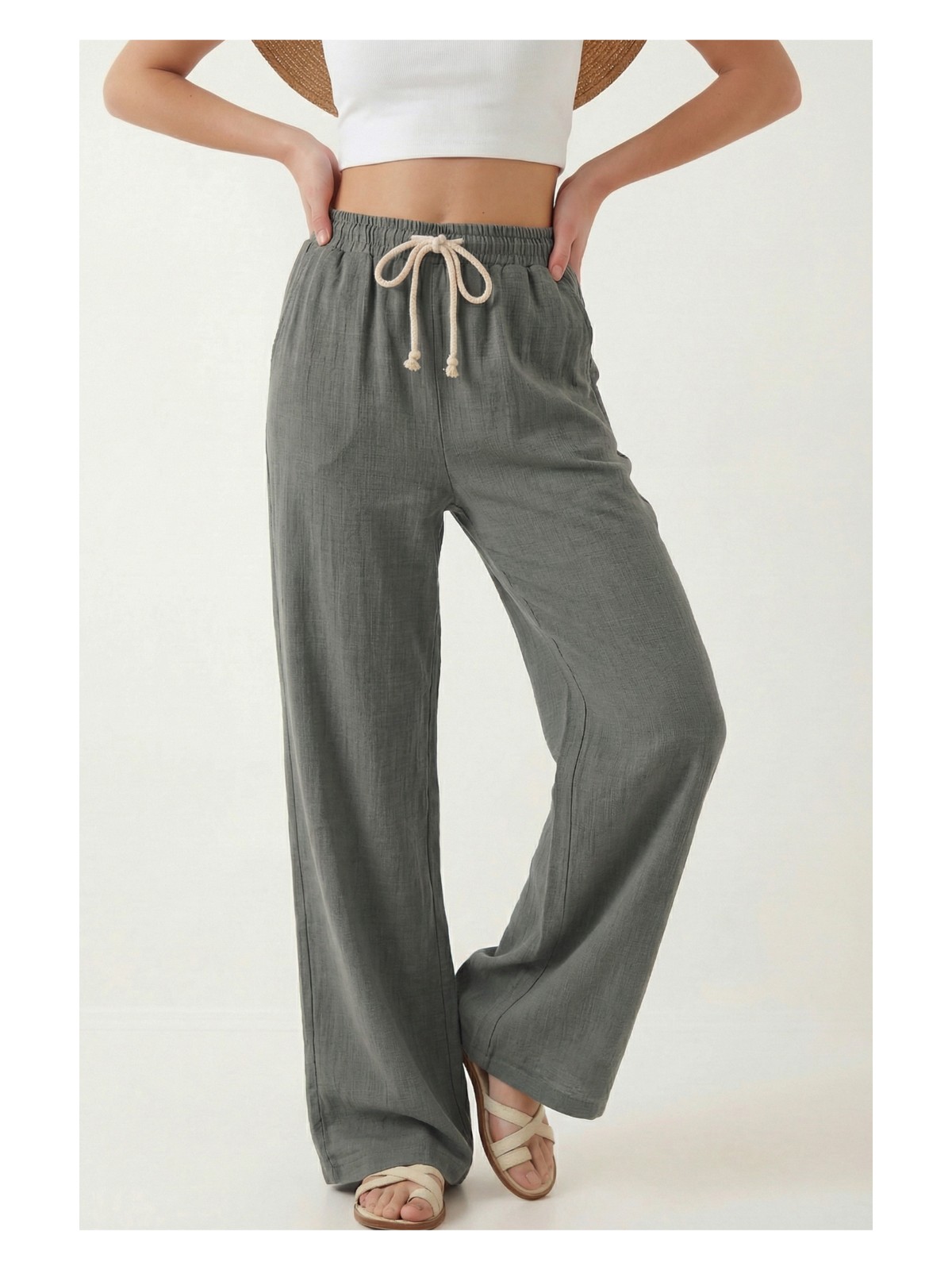 Veleno Kadın Palazzo Pantolon Müslin Siyah Geniş Paça Yüksek Bel - Görsel 5