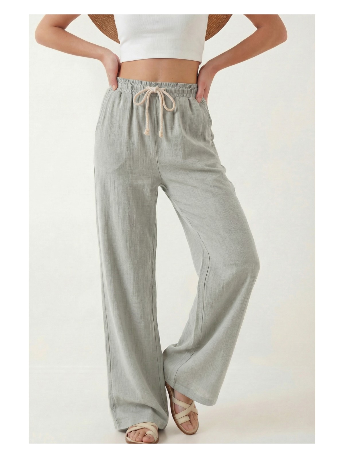 Veleno Kadın Palazzo Pantolon Müslin Siyah Geniş Paça Yüksek Bel - Görsel 7