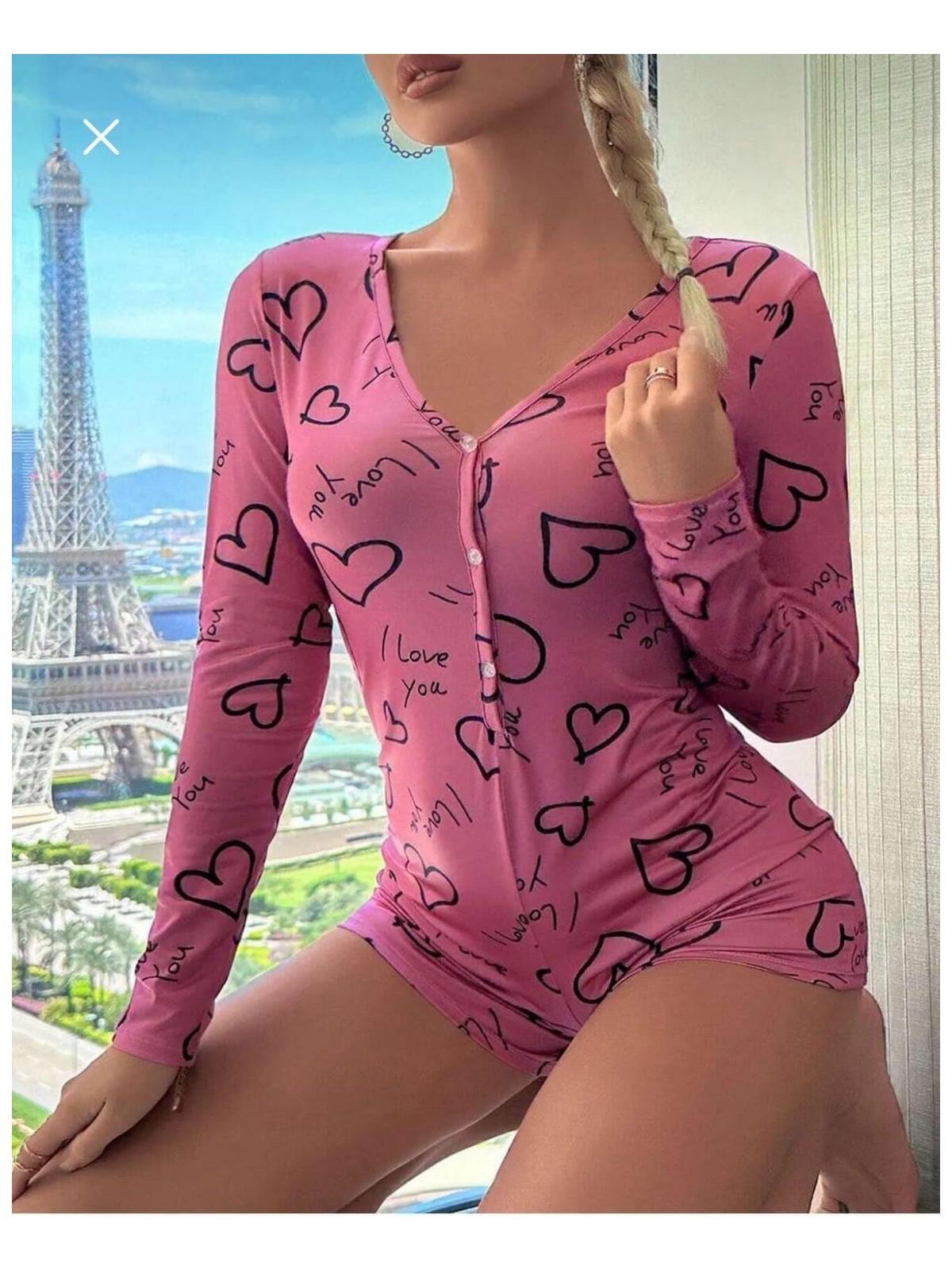 İlk El Grup Ieg™ Pamuklu Pembe Siyah Kalp Desenli Düğmeli Uzun Kol Tulum Pijama